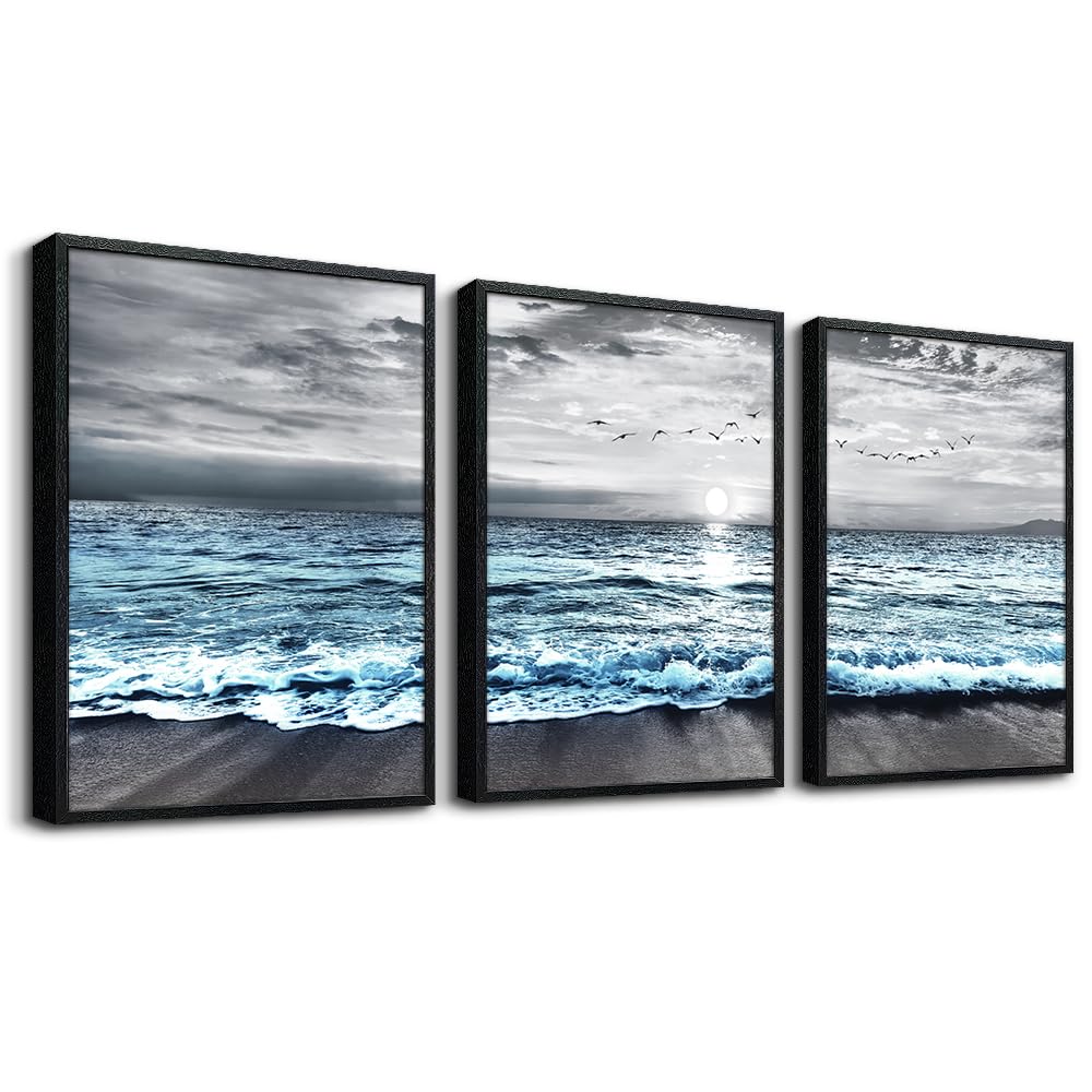 Black Framed Canvas Wall Art For Living Room & Bedroom Decor (12x16 inches (Set of 3 Panels) / Blue Ocean Landscape with Black Frame)
