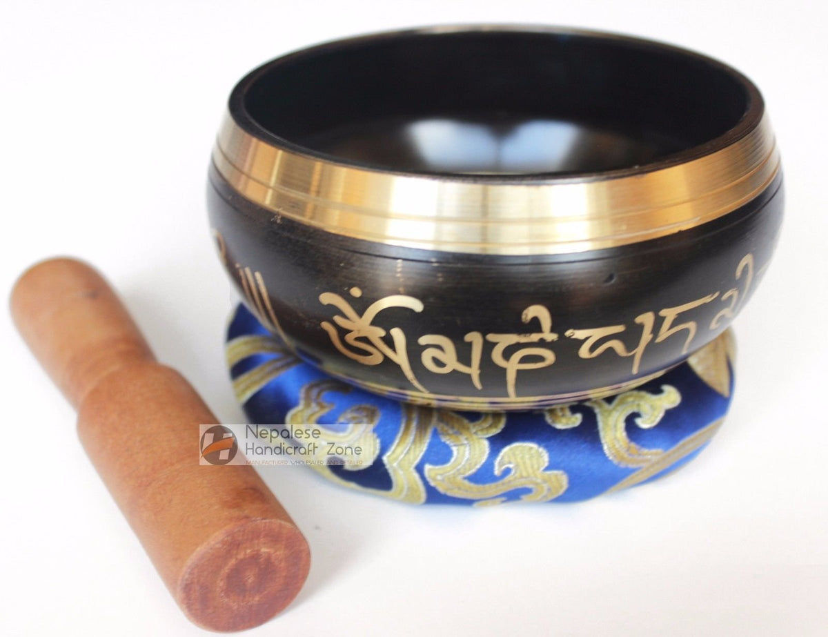 Color Singing Bowl Set with free stick and cushion by Nepalese Handicraft Zone (Black Style 2)