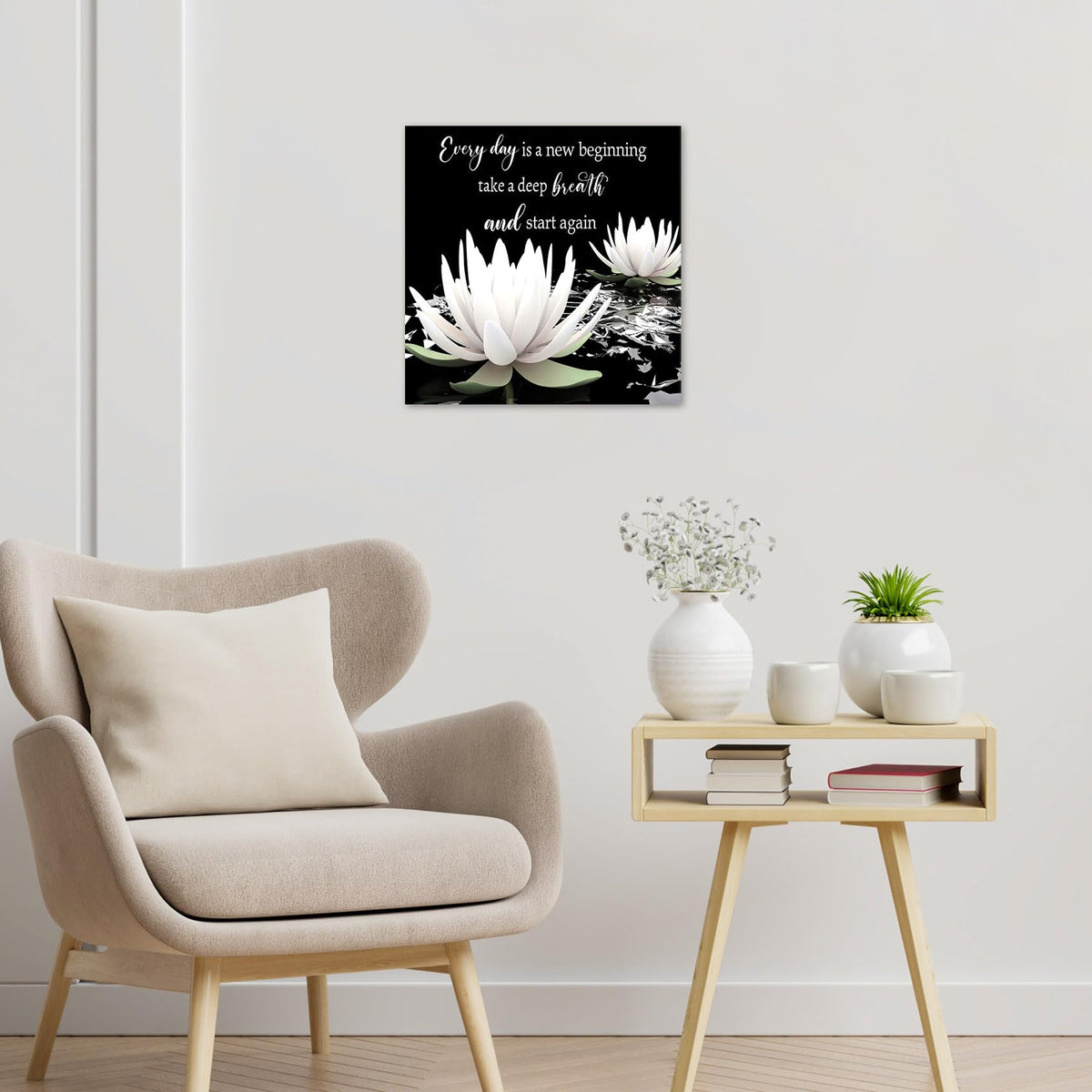 Black and White Floral Wall Art Inspirational Quotes with Water Lily Wall Art for Living Room Zen Spa Canvas Home Decor for Bedroom Bathroom Office Ready to Hang 12L x 12W Inch (Black / 12"L x 12"W)