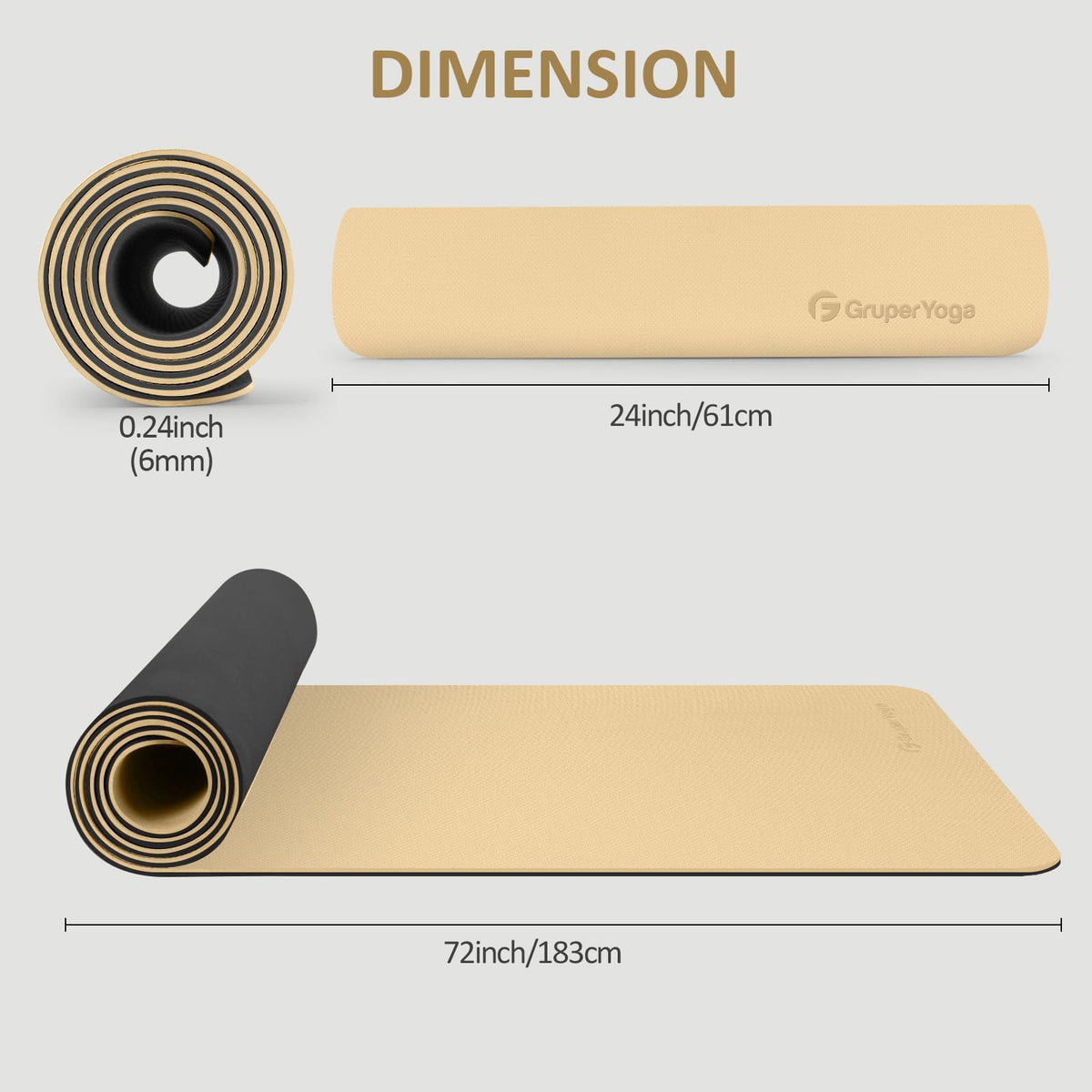 Yoga Mat Non Slip (Beige & Black / 0.24*24*72 Inches)