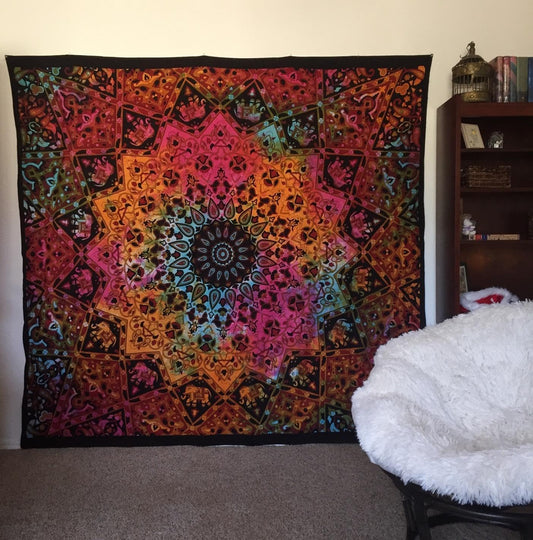 Tie Dye Hippie Kaleidoscopic Star Intricate Floral Design Indian Bedspread Good Luck Marshala 90x84 Inches (90"L x 84"W / Multicolor)