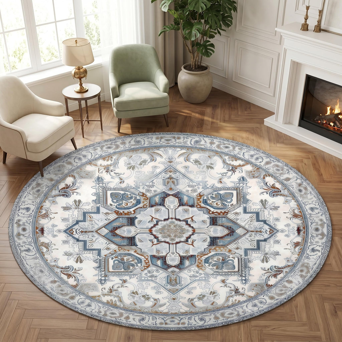 Vintage Floral Round Area Rug 4ft (Daily-vintage Blue / 4' (Round))