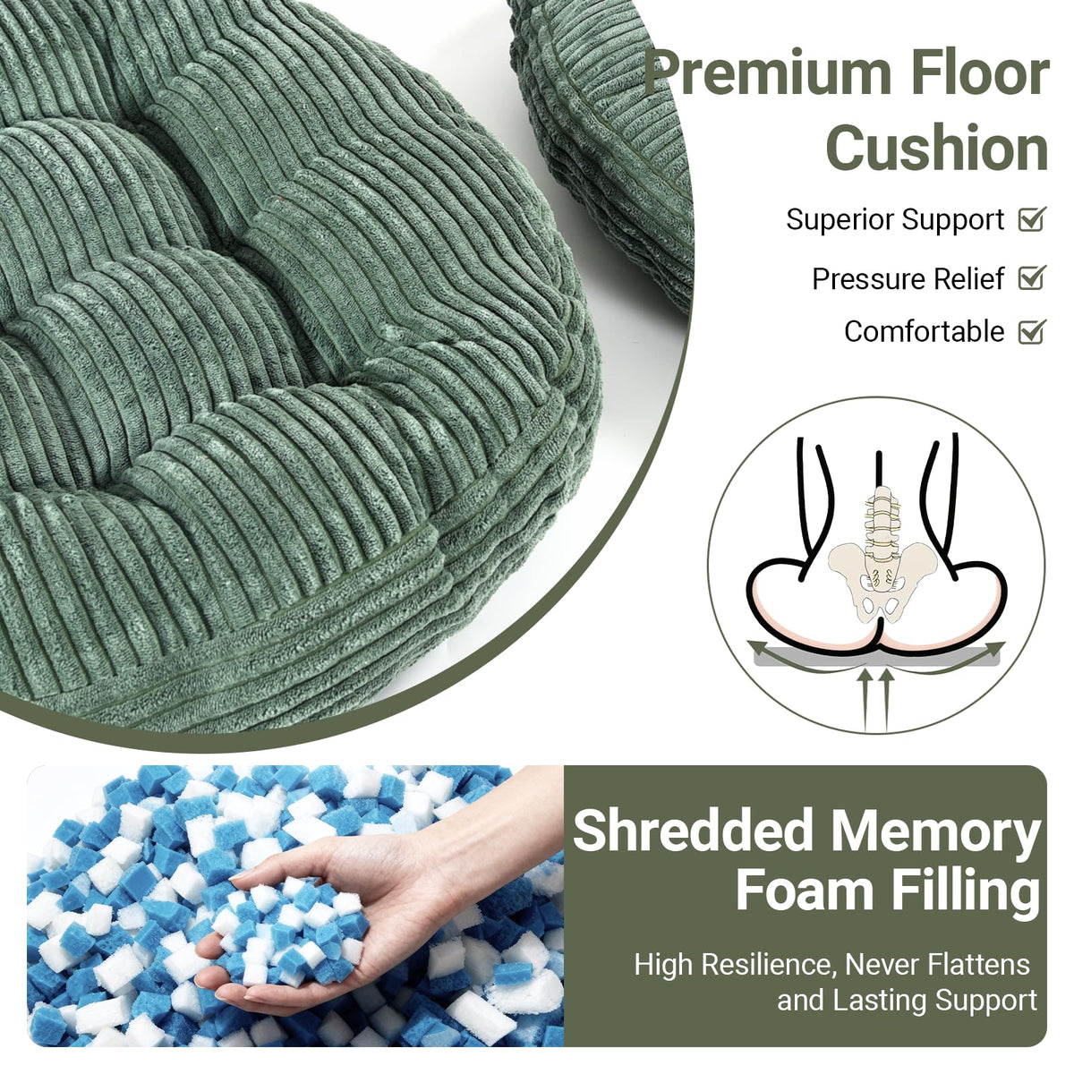 Large Floor Pillow for Adults (Round-dark Green)