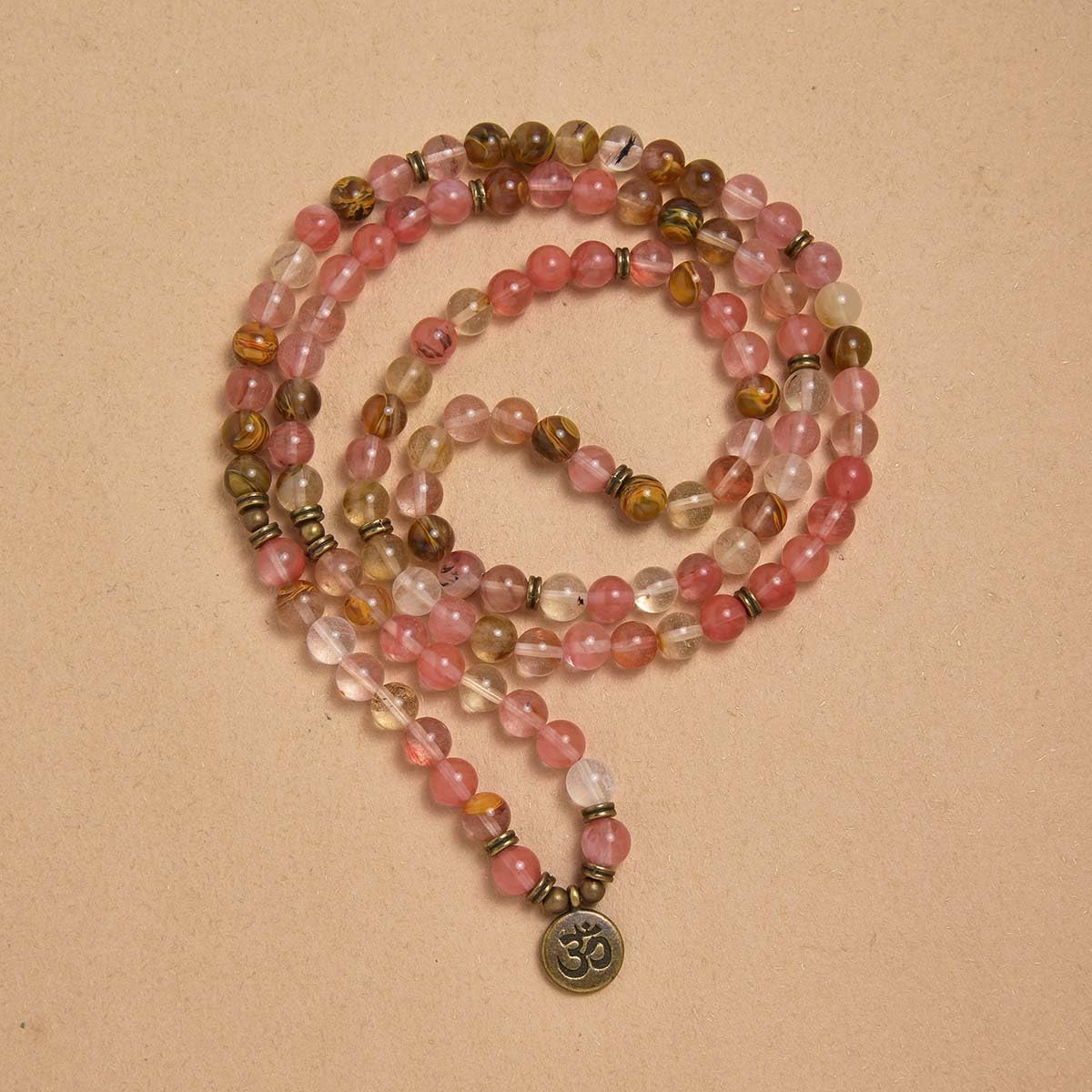 108 Natural Stone Mala Beads Yoga Jewelry Meditation Bracelet Necklace with om Charm (Watermelon Tourmaline)