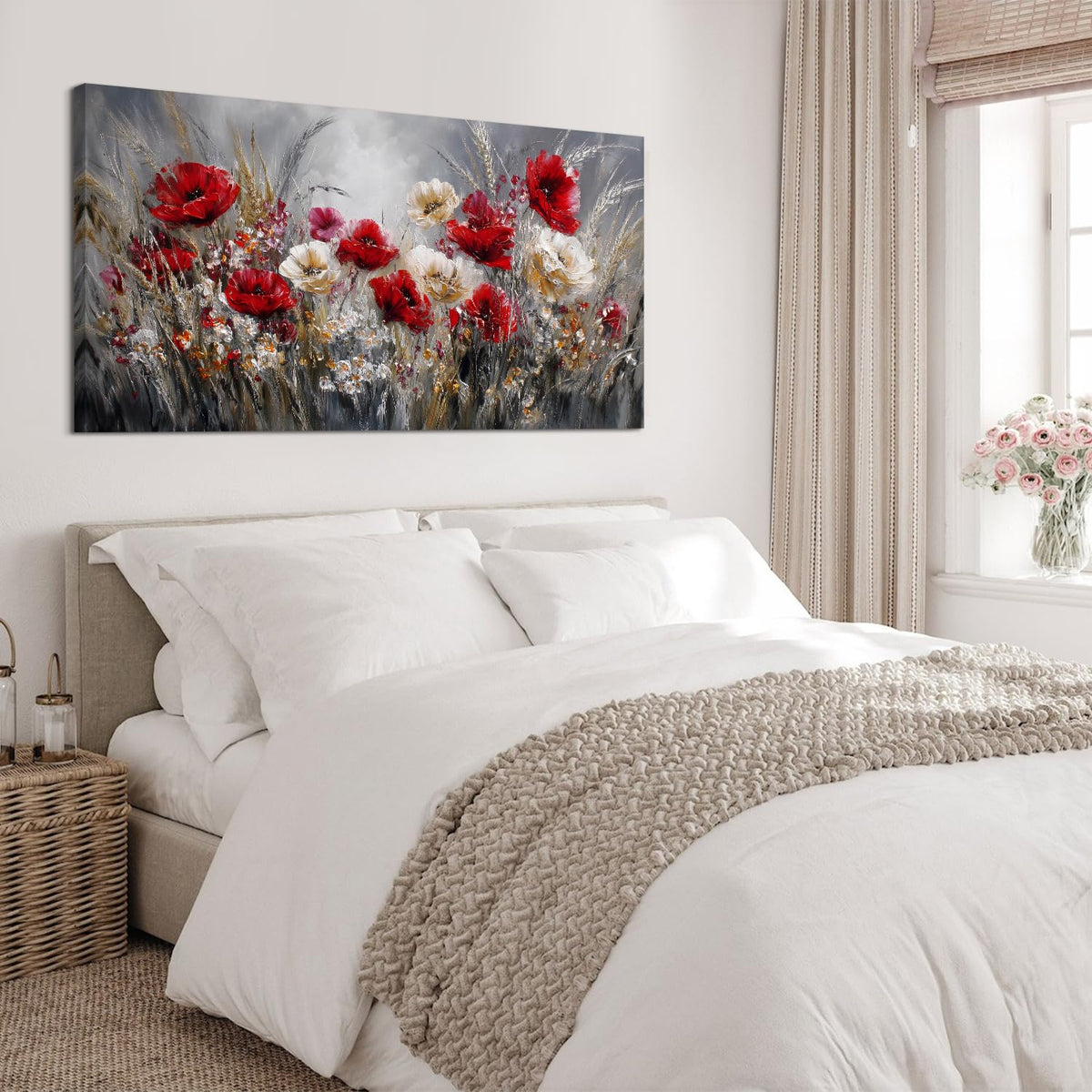 Large Wildflower Wall Art Abstract Poppy Wall Decor for Bedroom Red and White Flower Paintings Picture Natural Flowers Canvas Prints Poppy Daisy Artwork for Living Room Office Home Decoration 30x60” (60"L x 30"W / Poppy)