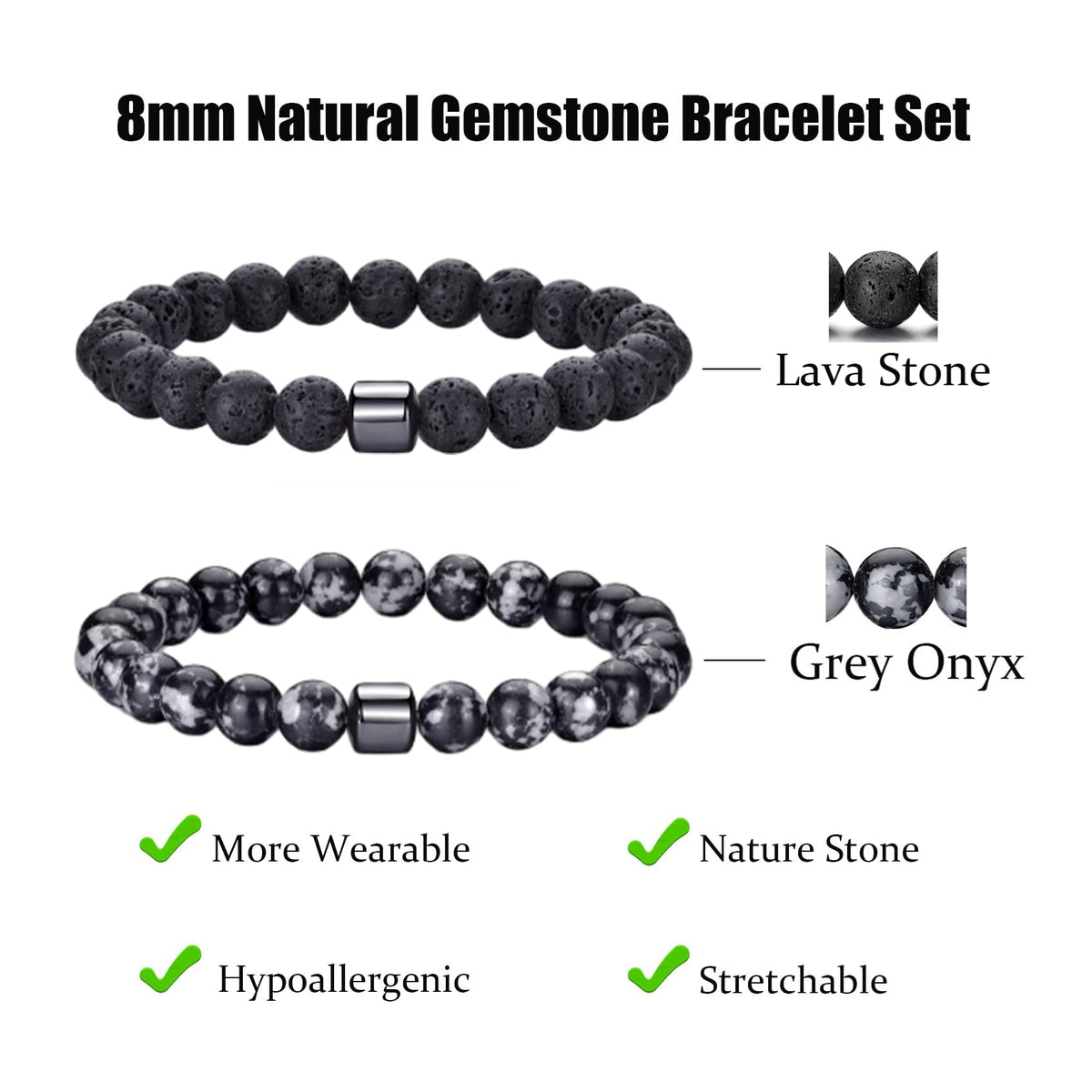 Mens Bracelets 8MM Natural Stone Beads Bracelet Set Stretch Adjustable Beaded Bracelets for Men (2,gray,lava rock bracelet)