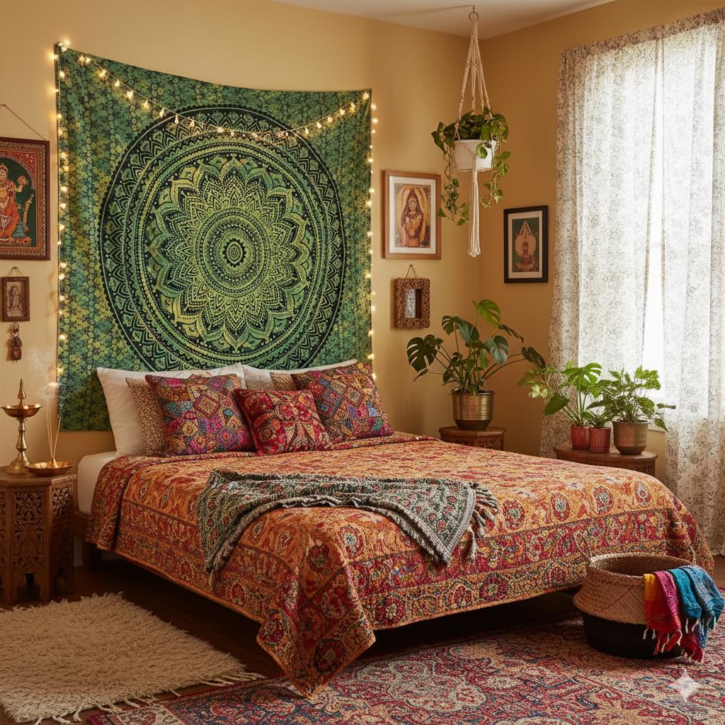 Handmade Cotton Mandala Wall Tapestry (Green / 40"L x 30"W)
