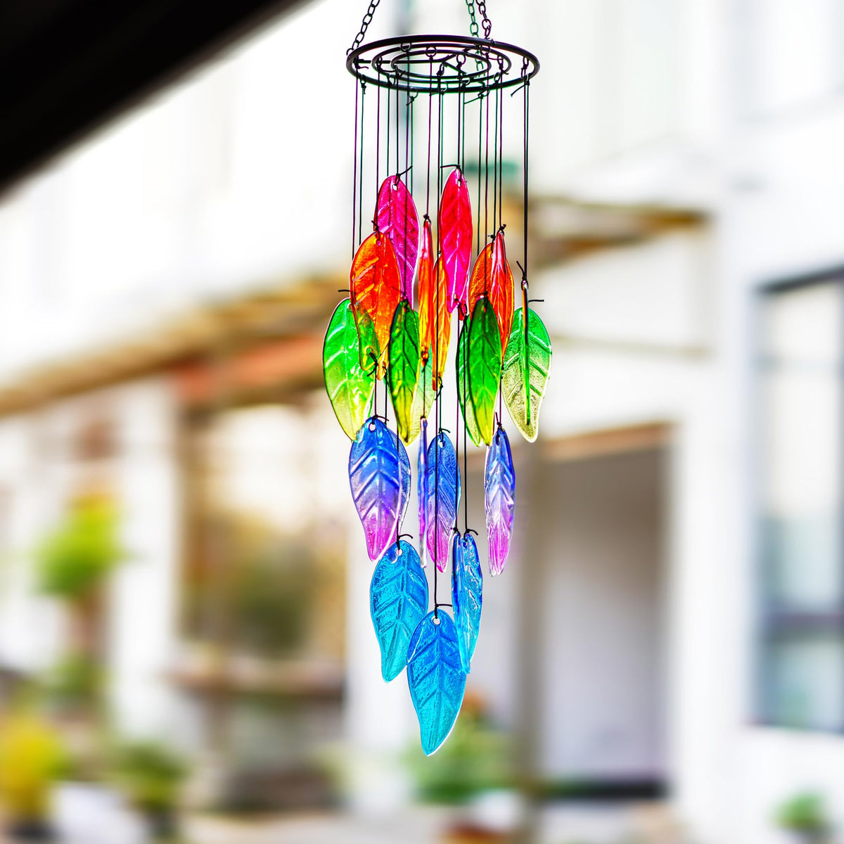 18 Inch Stained Glass Leaves Wind Chimes for Outside Garden (23.8in-Colored Leaves)