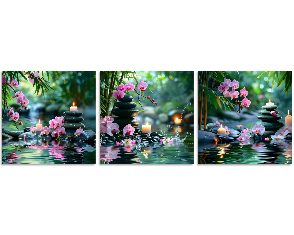 3 Pcs Zen Wall Art Zen Pictures for Bathroom Bamboo Pink Flower Spa Stone with Candles Picture Print on Canvas Zen Wall Art for Office for Home Decor Wall Decor Stretched and Framed 12x12inch (12x12inchx3 / Pink Zen 2)