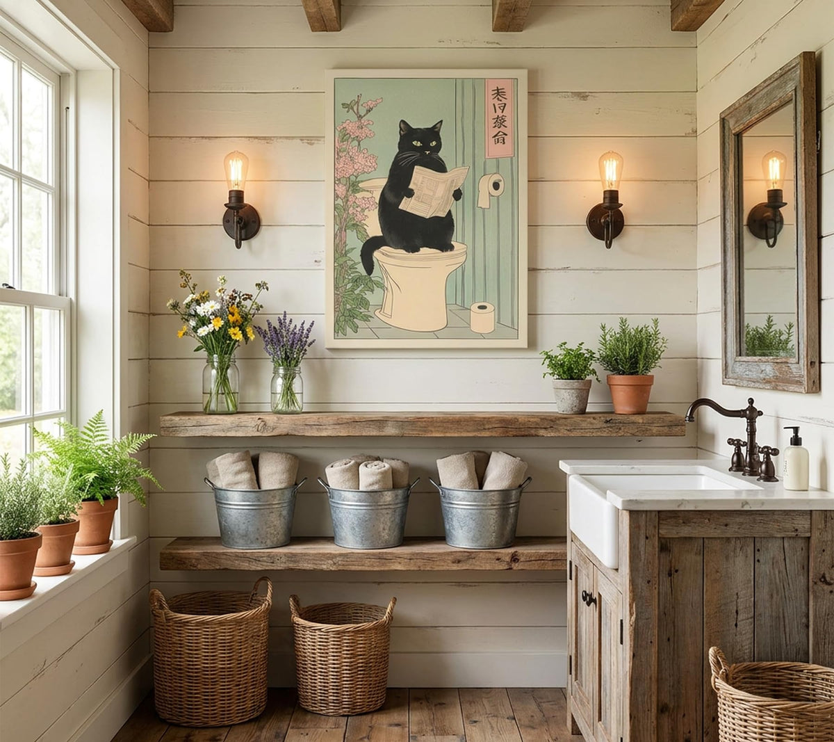 Japanese black cat on toilet Canvas Wall Art Funny bathroom print Toilet poster Japanese Cat Wall Decor Pictures Aesthetic Minimalism Artwork Neutral Painting Home Decoration (Canvas / 24"L x 16"W)