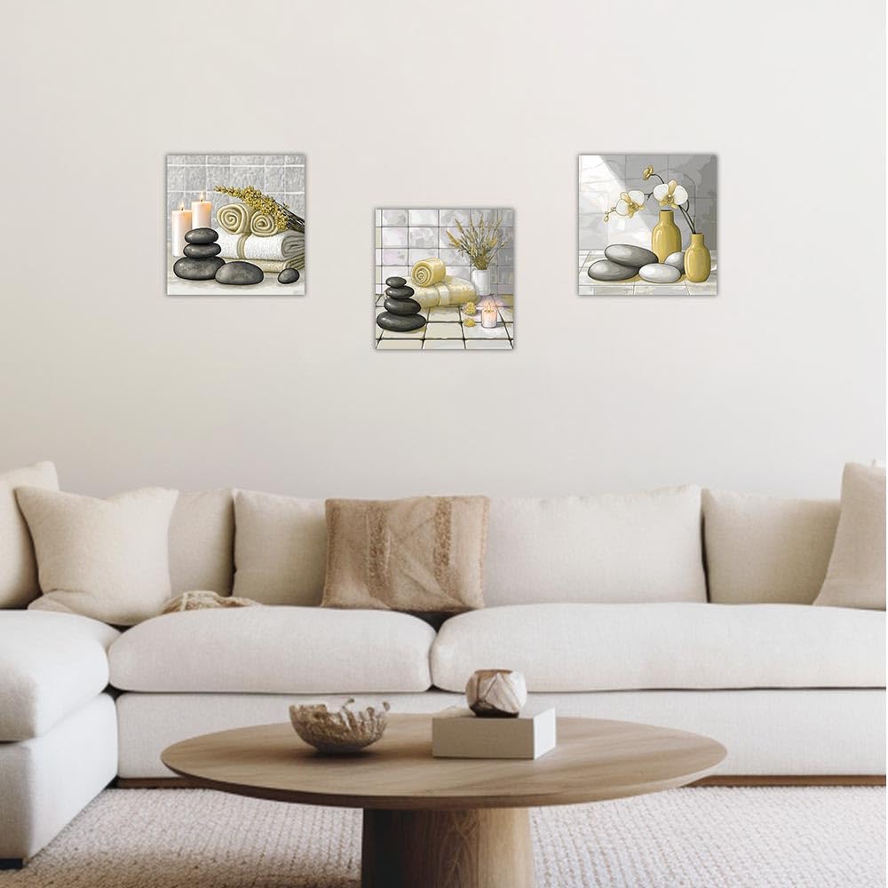 3 Piece Canvas Wall Art Zen Spa Themed Bathroom Wall Decor Zen Stones Painting with Candles Towels Lavender Orchids Prints Home Office Decor Framed (Yellow / 12"x12"x3 Pieces)