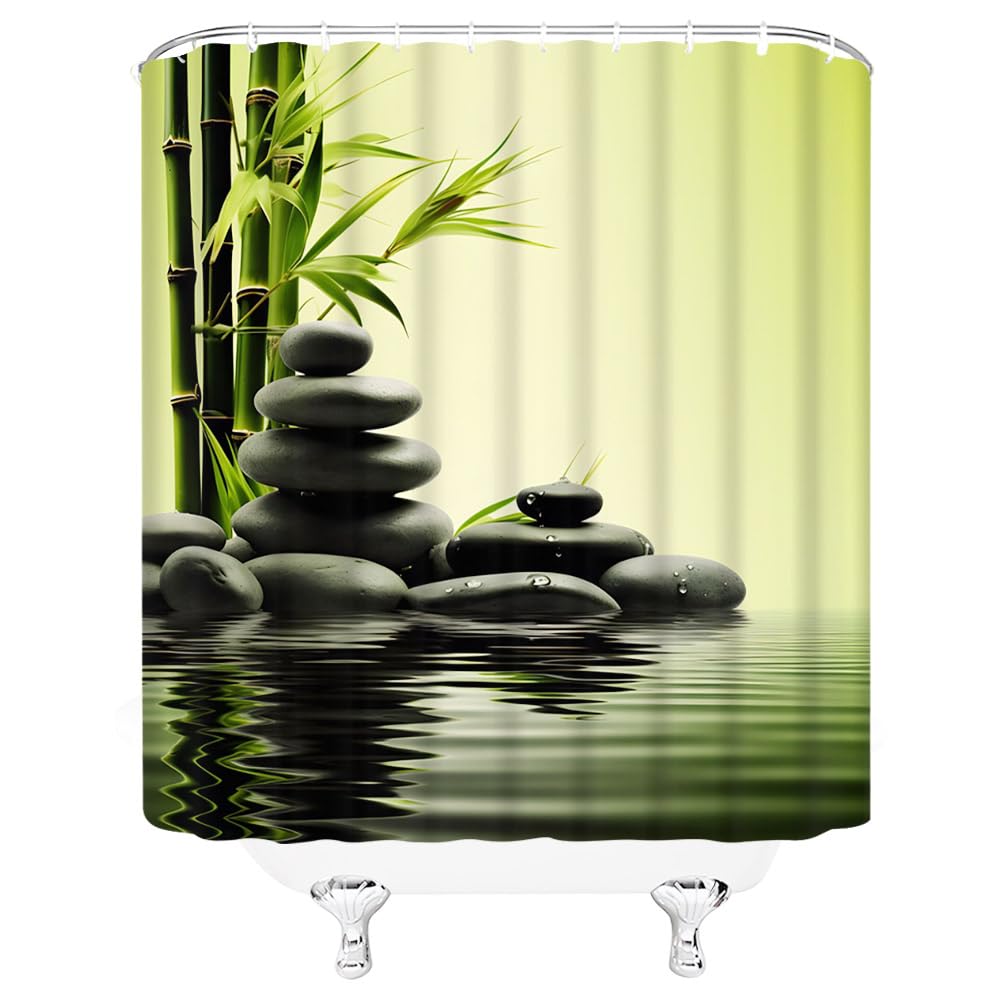Zen Spa Shower Curtain Asian Japanese Garden Black Stone Bamboo Meditation Green Bathroom Decor Curtains Set with Hooks (90"W x 70"L (Pack of 1))