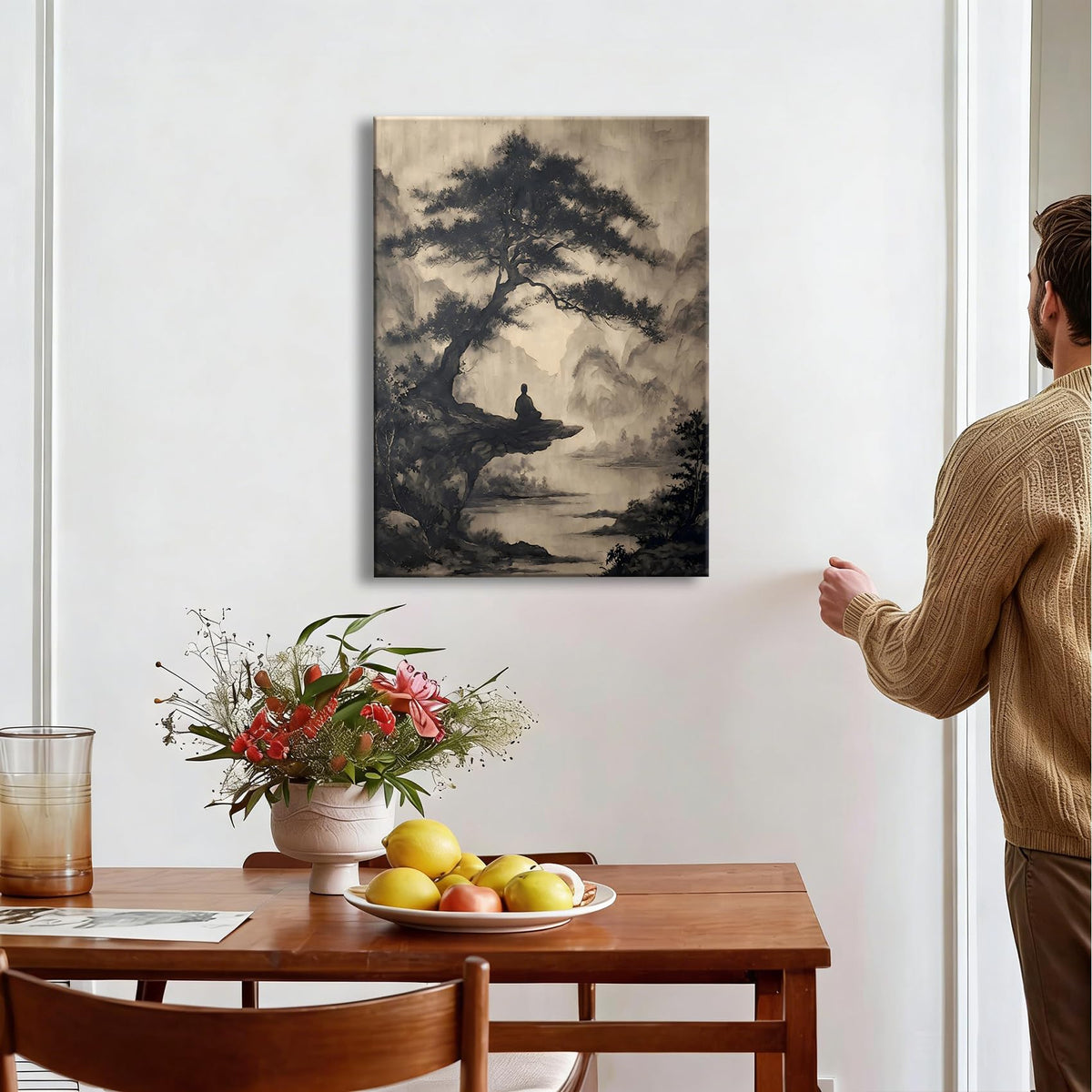 Framed Chinese Ink Meditation Monk Canvas Wall Art (Pictures30 / 30"L x 20"W)