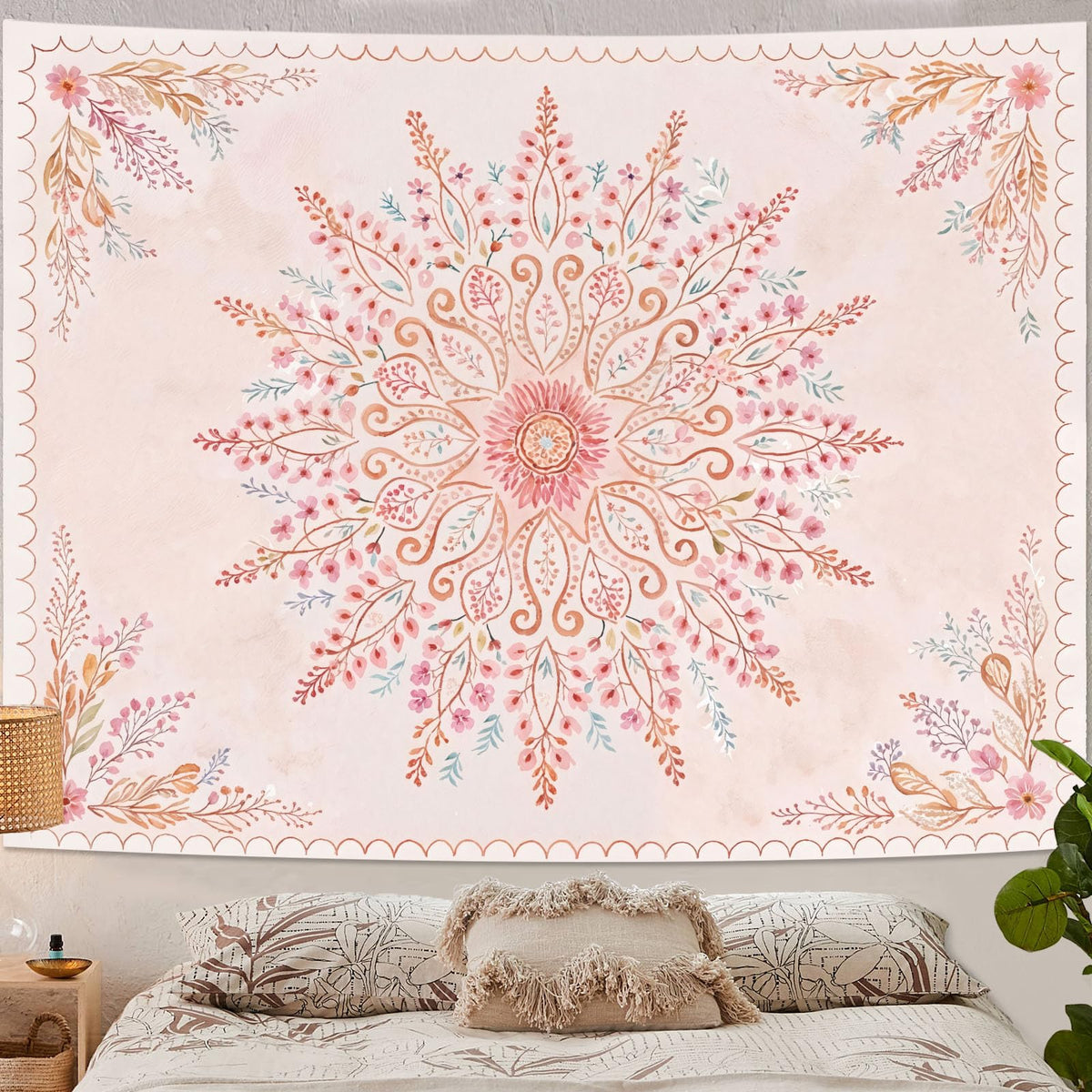 Floral Mandala Tapestry Boho Tapestry for Bedroom Pink Tapestries Wall Hanging Living Room Wall Art and Home Decor 60x80 (80"L x 60"W / Pink)