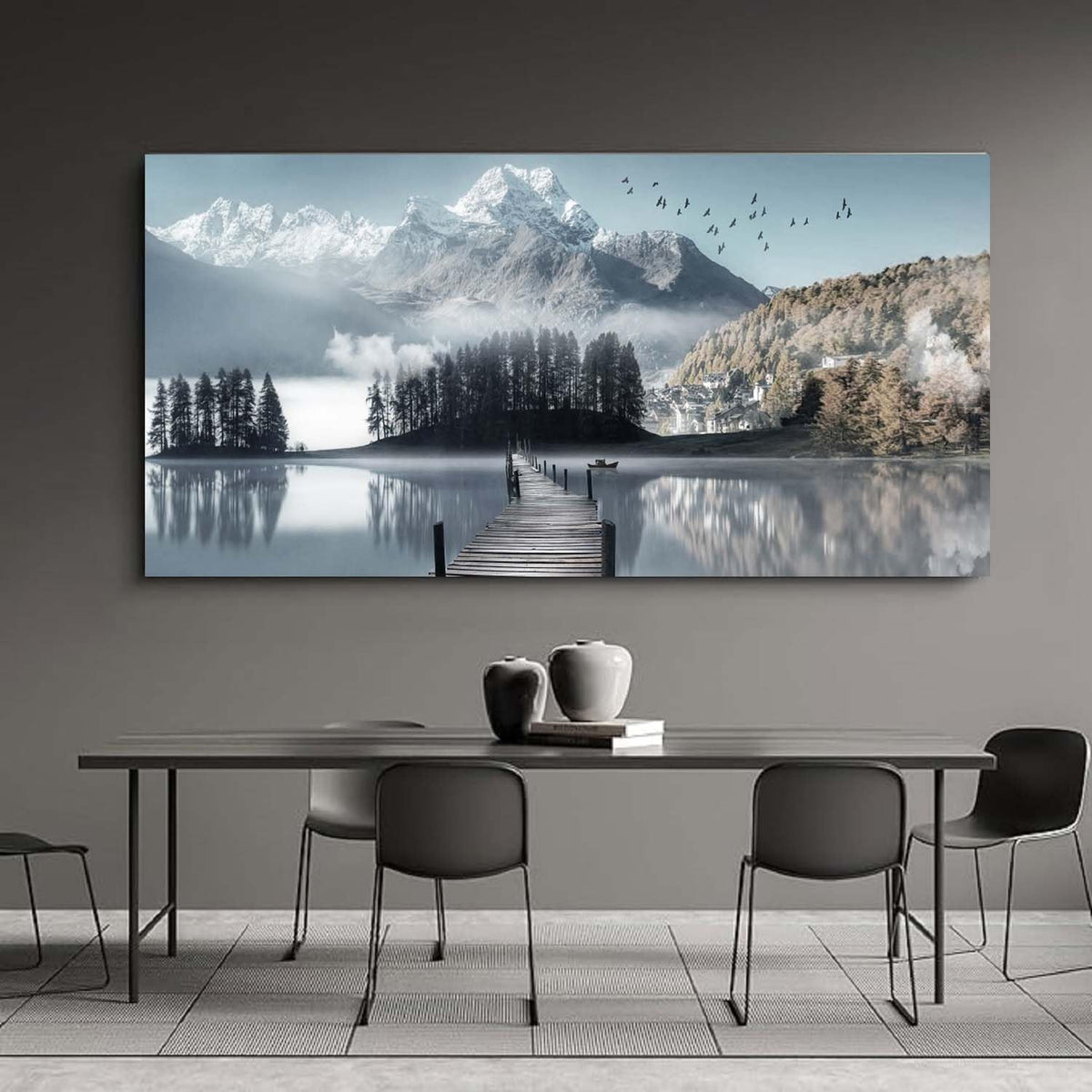 Large Lake Wall Art Mountain Picture Landscape Wall Decor Living Room Nature Canvas Painting Tree Print Scenery Poster Office Artwork for Bedroom Wall Art Home Decoration (Wlake / 60"L x 30"W)