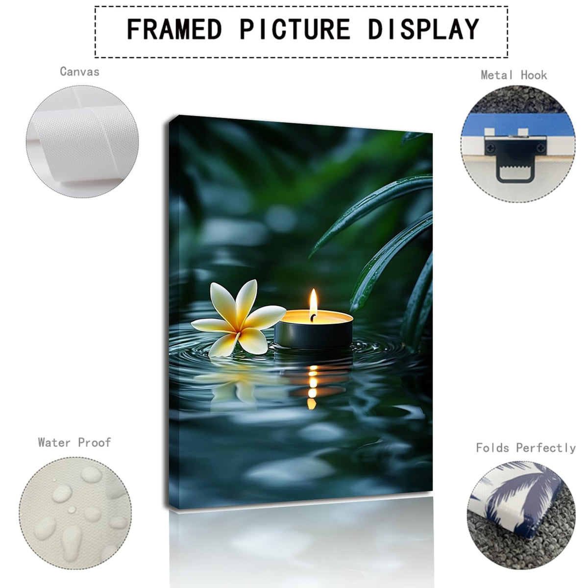Zen Canvas Wall Art Plumeria Flower and Candle in Water Print Framed Artwork Poster for Spa Bathroom Decor (WE000051-6 / 36"L x 24"W)
