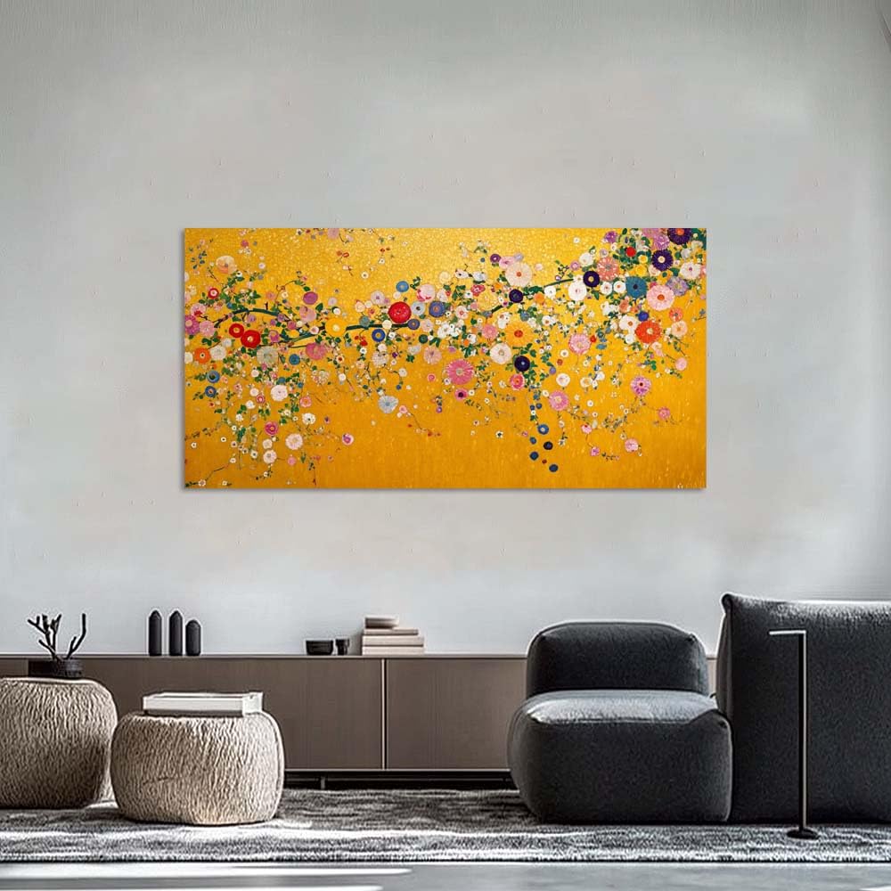 Golden Floral Canvas Wall Art Vibrant Blooming Flower Branch Painting Flat Print Gallery Wrapped Luxury Yellow Botanical Artwork for Living Room Bedroom Bathroom Decor (Abstract / White Flowering Branches 6 / 46"L x 23"W)