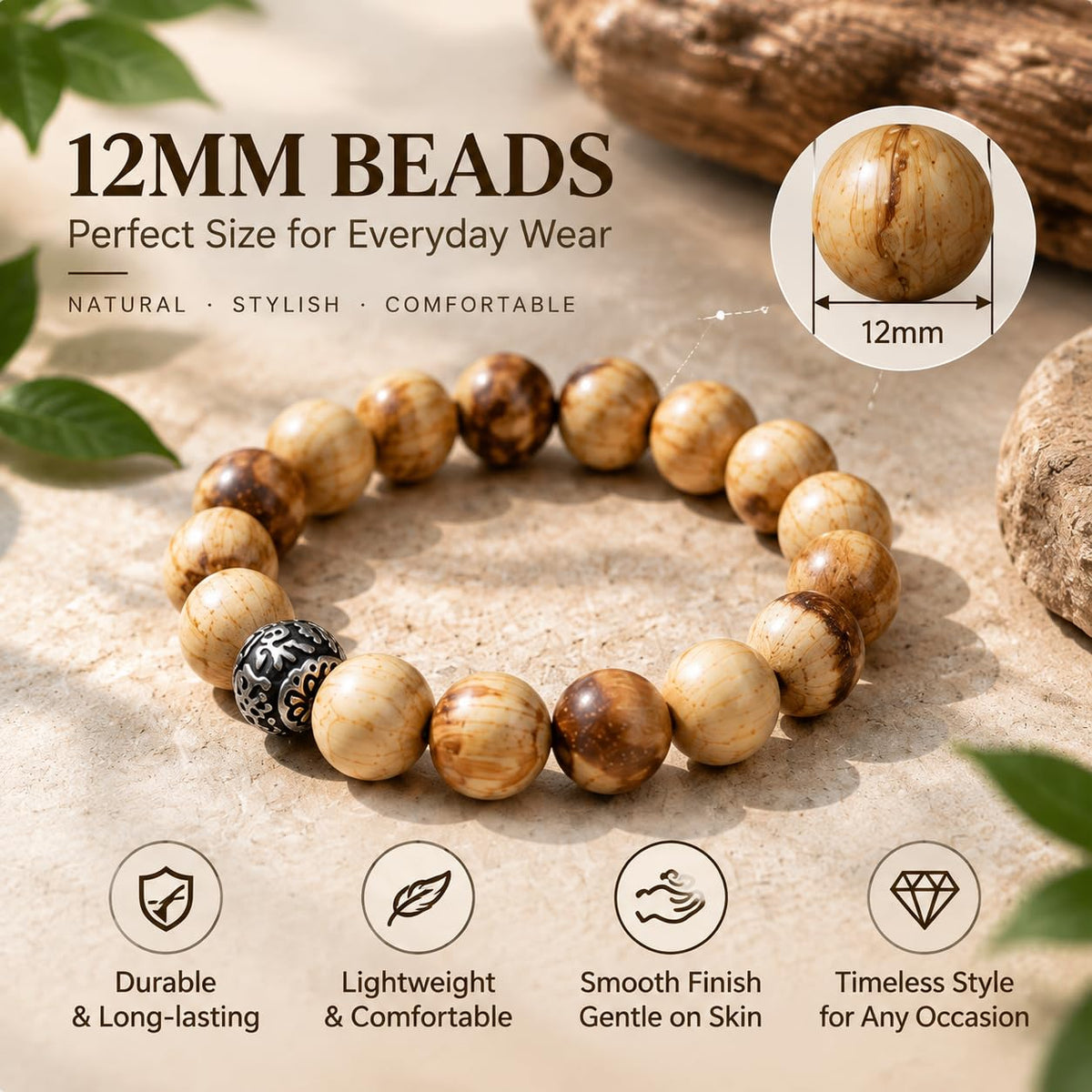 12MM Palo Santo Bracelet with Sterling Silver for Women Men (12MM Palo Santo Bracelet)