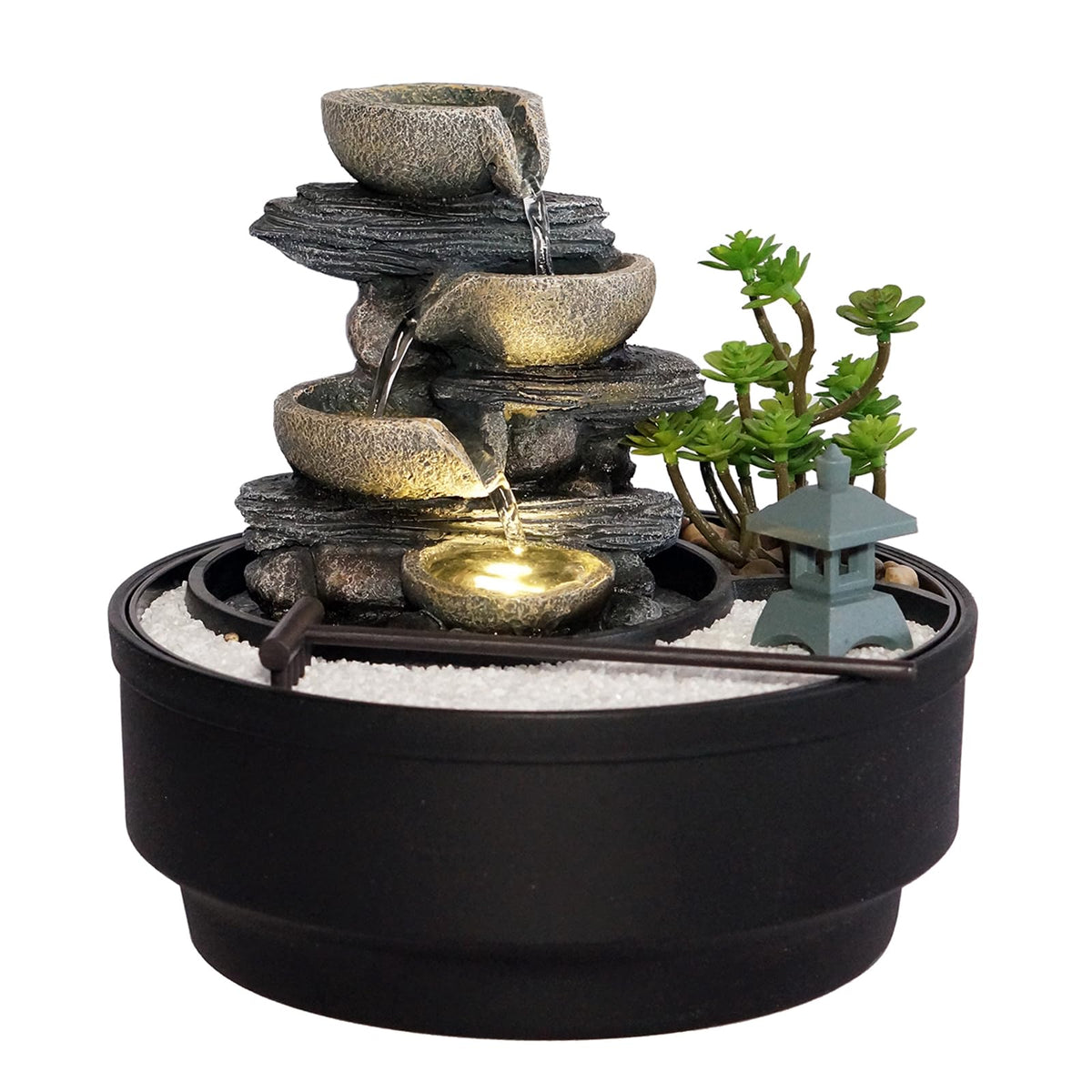 Indoor Tabletop Water Fountain with LED Lights & Pagoda (Gray_rock / 8.5 Inch)