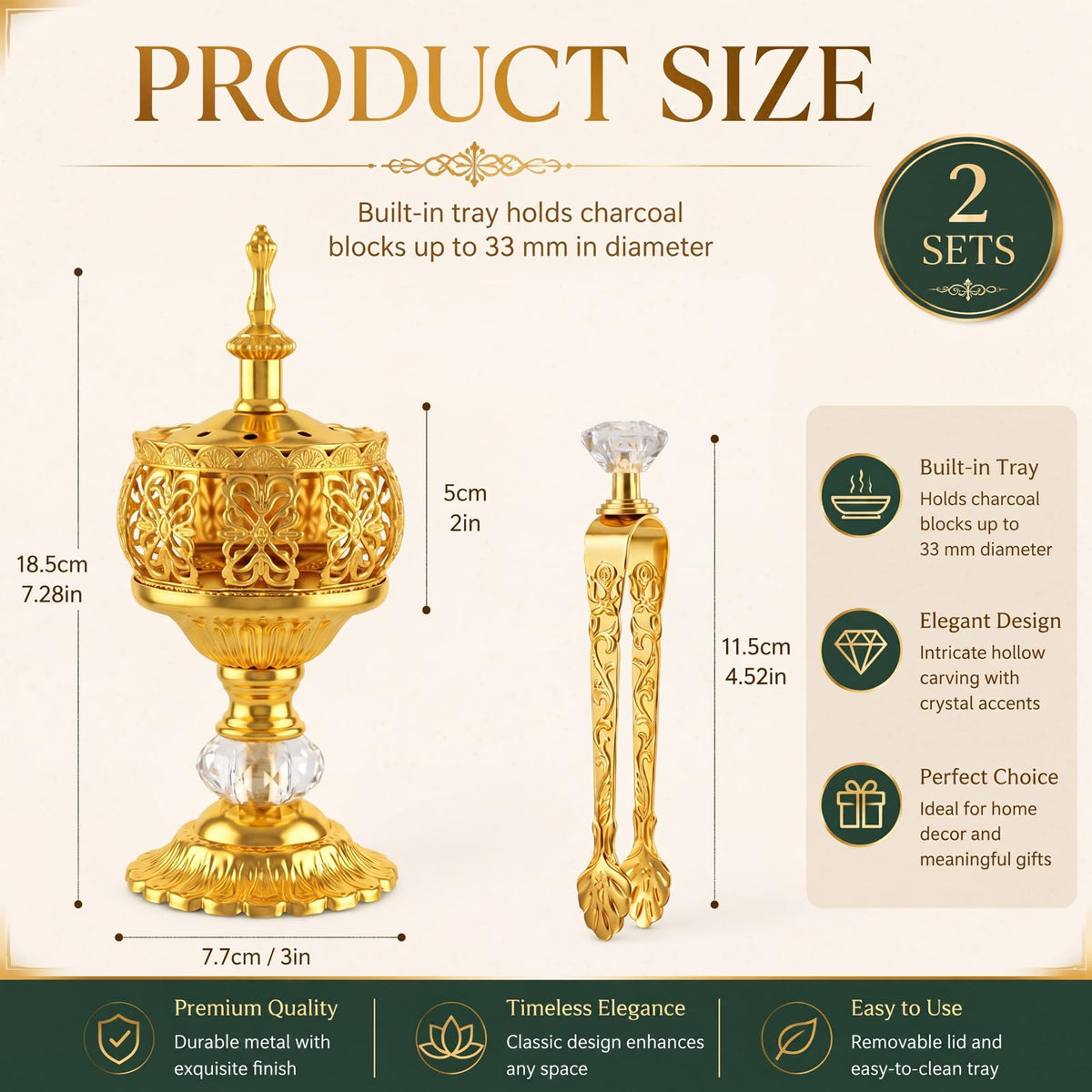 2 Sets Incense Burner with Tong (Gold / Elegant)