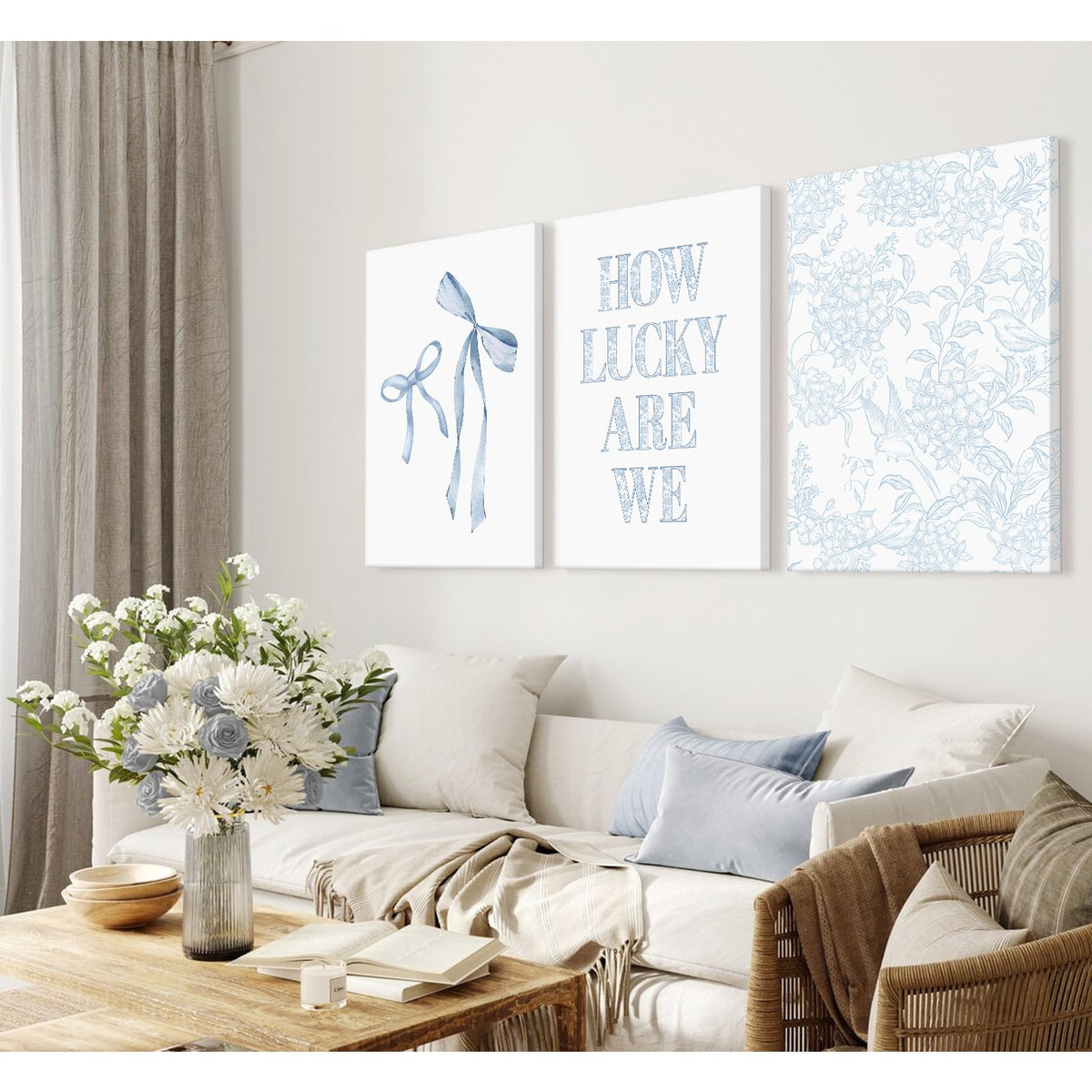Light Blue Bow Floral Wall Art Preppy Coquette Canvas Wall Decor Aesthetic Trendy Poster Blue Bow Picture Chinoiserie Flower Painting How Lucky Are We Prints for Dorm 12x16 Inch Ready to Hang Set of 3 (Blue Bow Art / 12x16 Inch Wrapped Canvas)