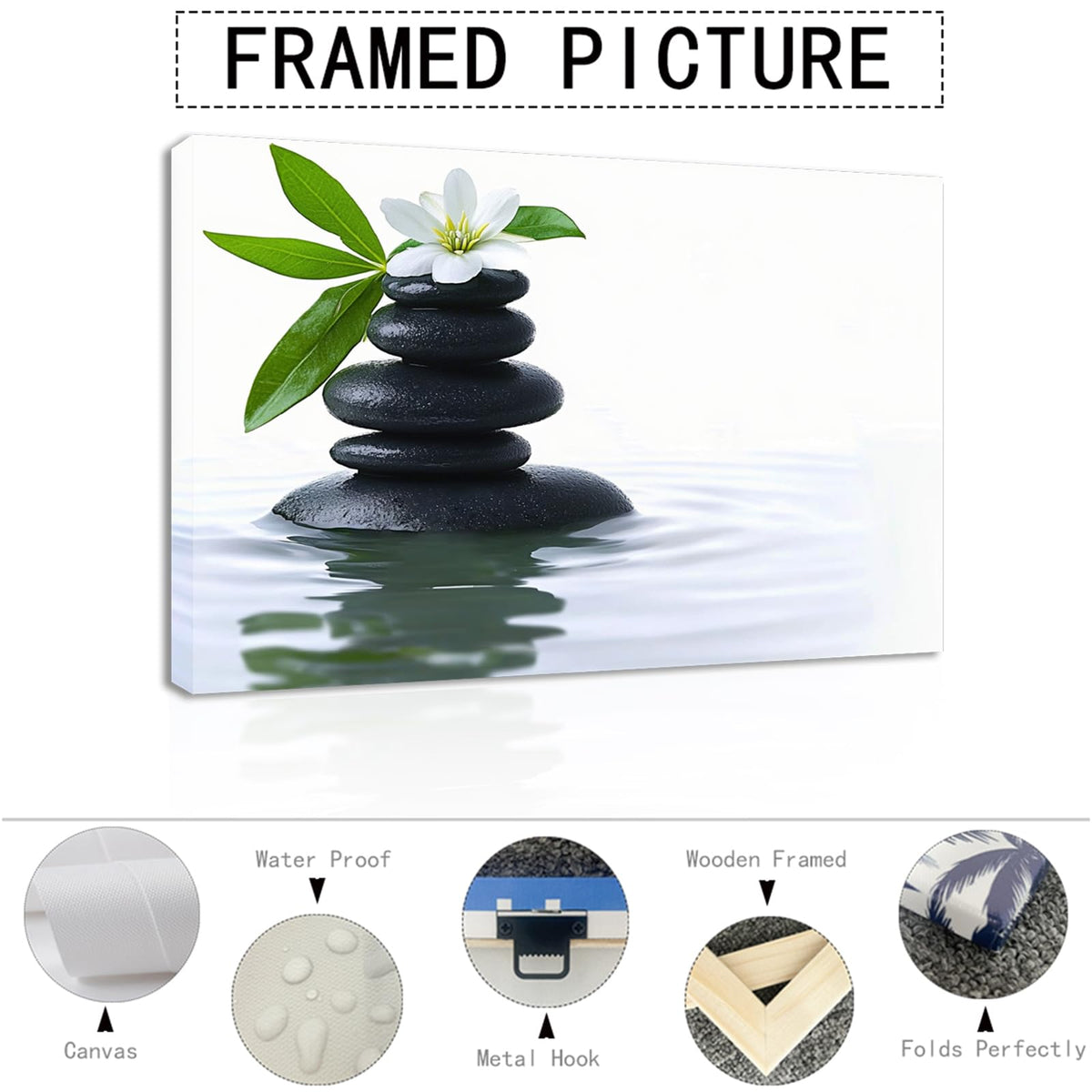 Zen Canvas Painting Wall Art Black Stone White Flower in Water Spiritual Framed Artwork Poster for Yoga Meditation Room Spa Bathroom Decor (WE000050-5 / 18"L x 12"W)