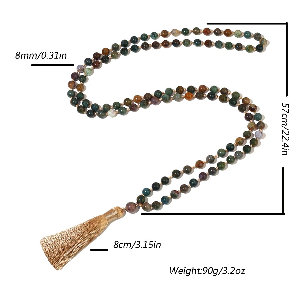 8mm Natural Stone Beads Knot 108 Mala Necklace Meditation Prayer Jewelry for Men and Women (Green Agate)