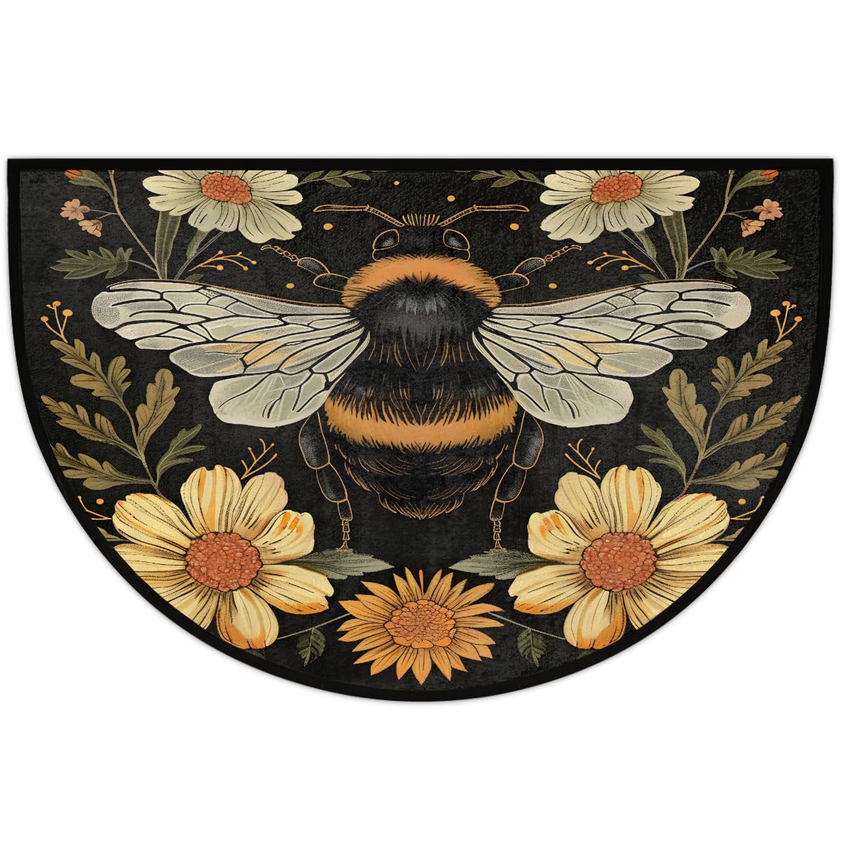 Half Round Door Mat Bee Flower Animal Non Slip Washable Semi Circle Area Rug Absorbent Soft Half Moon Rug Floor Mat for Indoor Outdoor Kitchen Bathroom Patio Front Door Mat Decor (A4)
