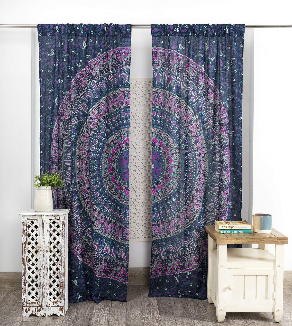 Indian Hippie Bohemian Beautiful Elephant Blue Color Mandala Curtain Panels (38"W x 83"L (Pack of 2) / Blue Pink)