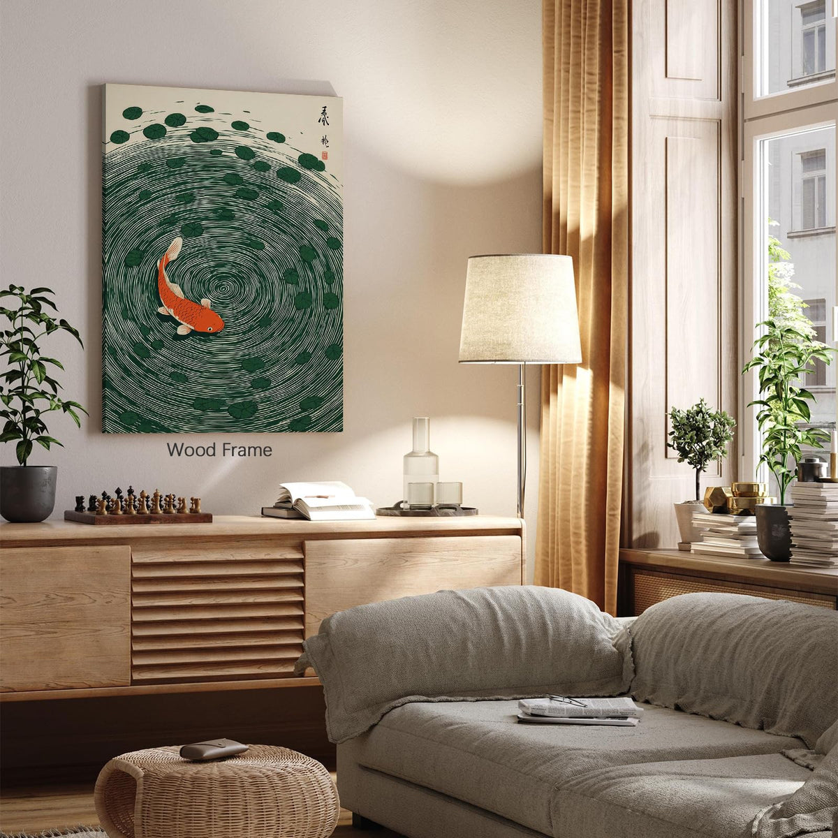 Japanese Koi Fish Framed Poster Oriental Asian Lucky Carp Canvas Wall Art 20x30 inch Retro Japan Room Aesthetic Print Minimal Green Painting for Zen Water Living Room Office Decor Ready to hang (Wrapped Canvas / Japanese Koi Fish / 30"L x 20"W)