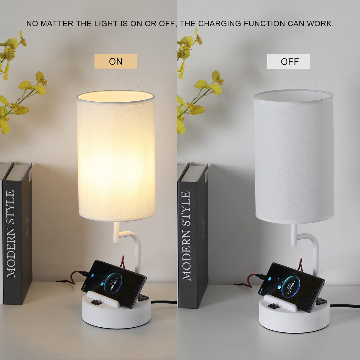 Table Lamp with 3 USB Charging Ports (White)