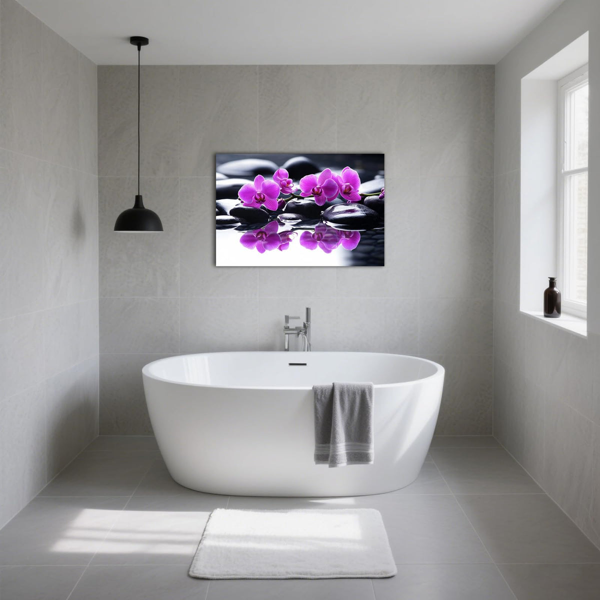 Purple Orchid Zen Canvas Wall Art Black Stone in Water Painting Framed Artwork Poster for Yoga Meditation Room Spa Bathroom Decor (WE000050-10 / 24"L x 16"W)