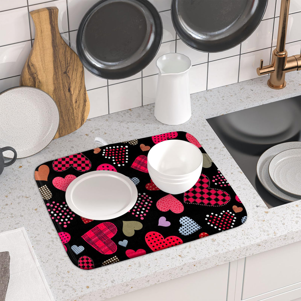 Happy Valentine's Day Black Dish Drying Mat for Kitchen Counter (Love Heart / 16" x 18")