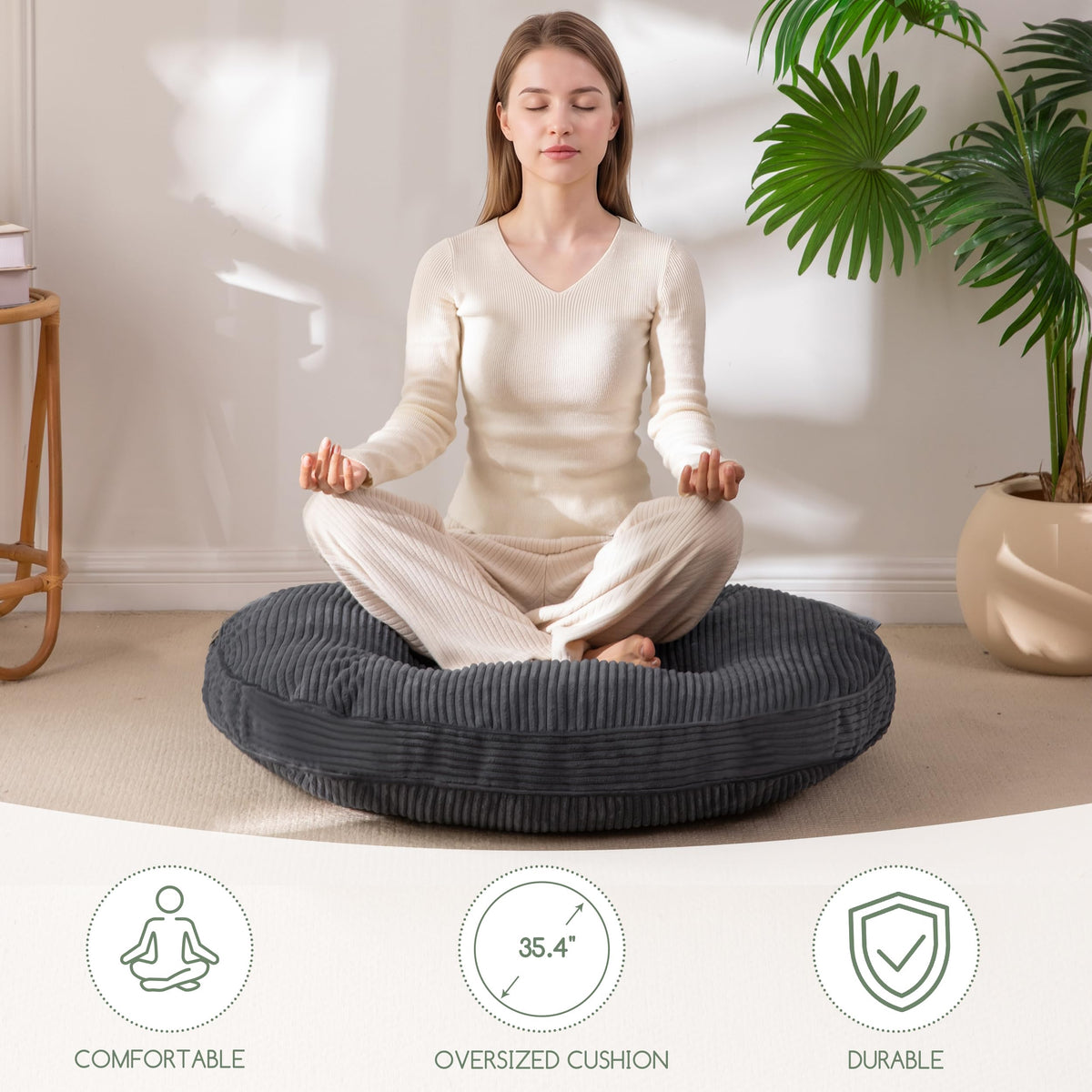 35" Floor Pillow Cushion for Adults (Dark Grey / 4" Thick Round)