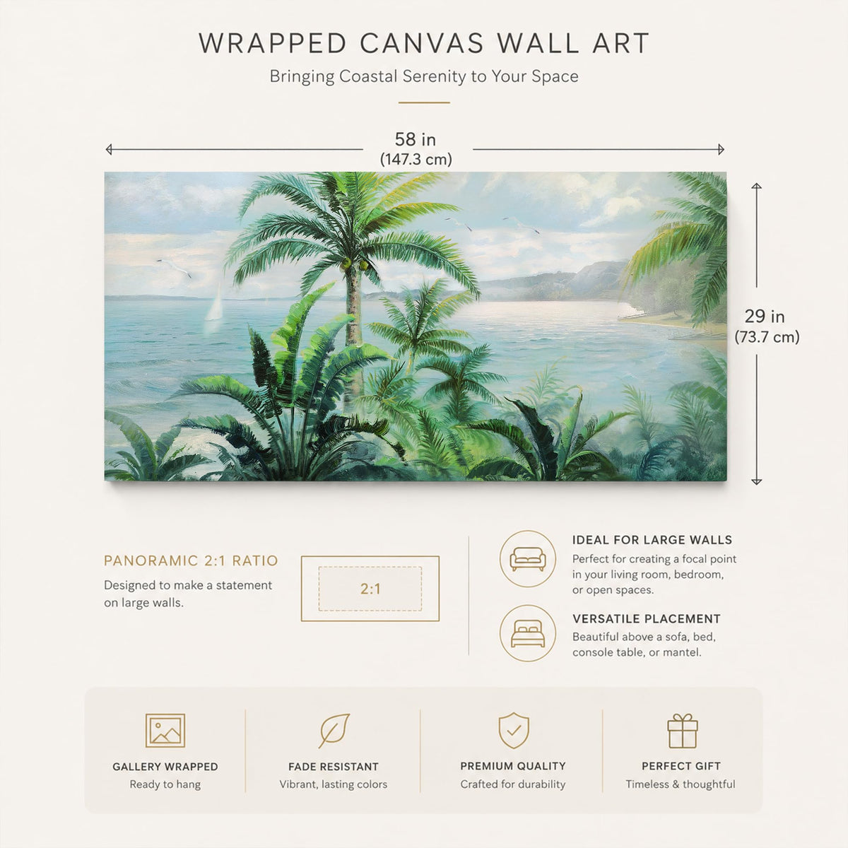 Palm Tree Green Tropical Canvas Wall Art for Living Room 58"x29" (green palm tree / 58"L x 29"W)