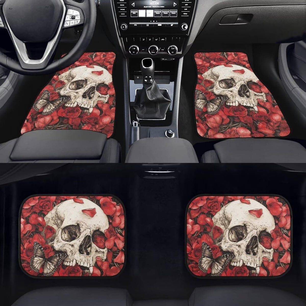 Rose Skull Car Floor Mat Full Set 4 Piece Non Slip Car Carpet Mats Red Auto Floor Mats Front Only Cars Foot Mat Skull Automotive Interior Accessories Universal Most Cars (Rose Skull Red)