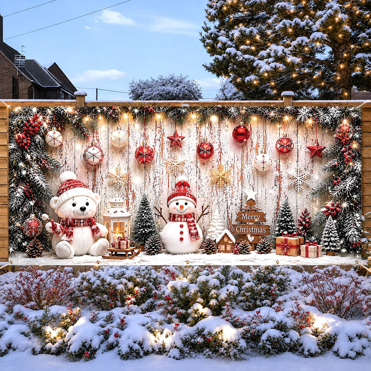 Christmas Garage Door Cover Bear & Snowman Party Backdrop 6x13FT (Christmas Background)