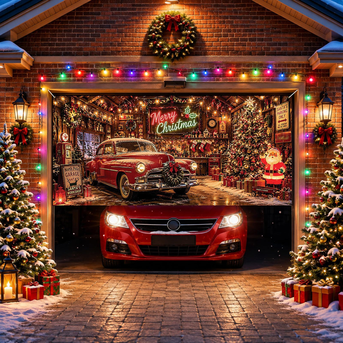 Christmas Nostalgic Garage Door Cover Banner Vintage Car Xmas Backdrop (Christmas Car)