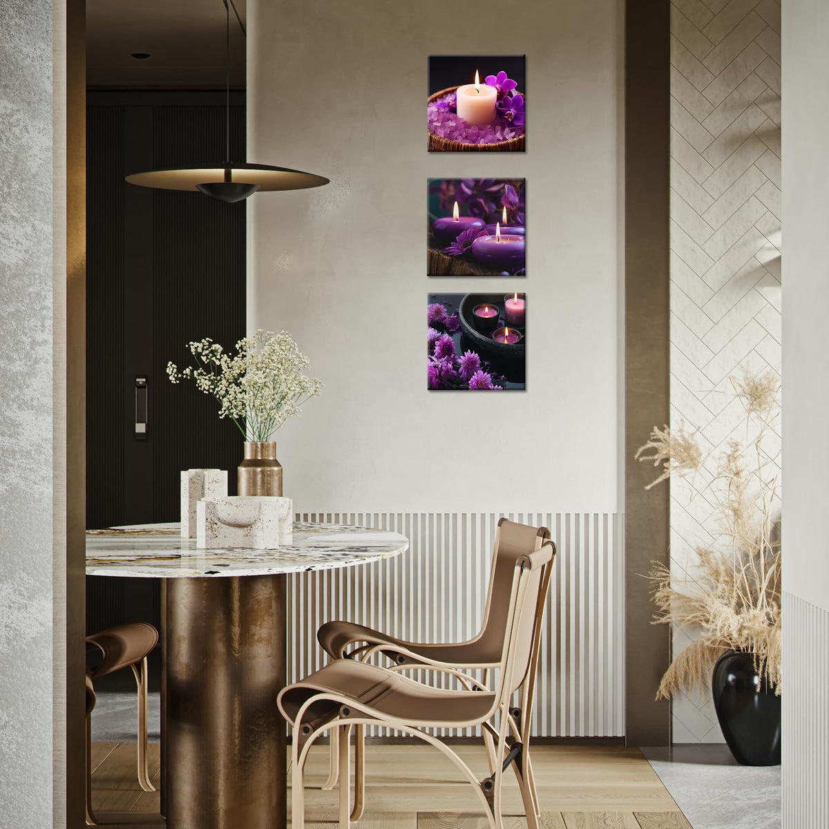 Spa Wall Art Set of 3 Zen Decor Purple Wall Art Purple Flowers Aromatherapy Candles Spa Pictures Prints on Canvas for Bathroom Home Office Decor Ready to Hang (Zen 03 / 12"L x 12"W)