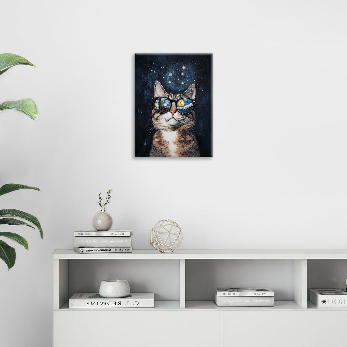 Funny Cat Wall Art Cute Cat Bathroom Canvas Wall Decor Starry Night Glasses Pictures Paintings Prints Artwork Framed Decorations For Bedroom Living Room Gifts 12" x 16" (Vangogh Cat / 16"L x 12"W)