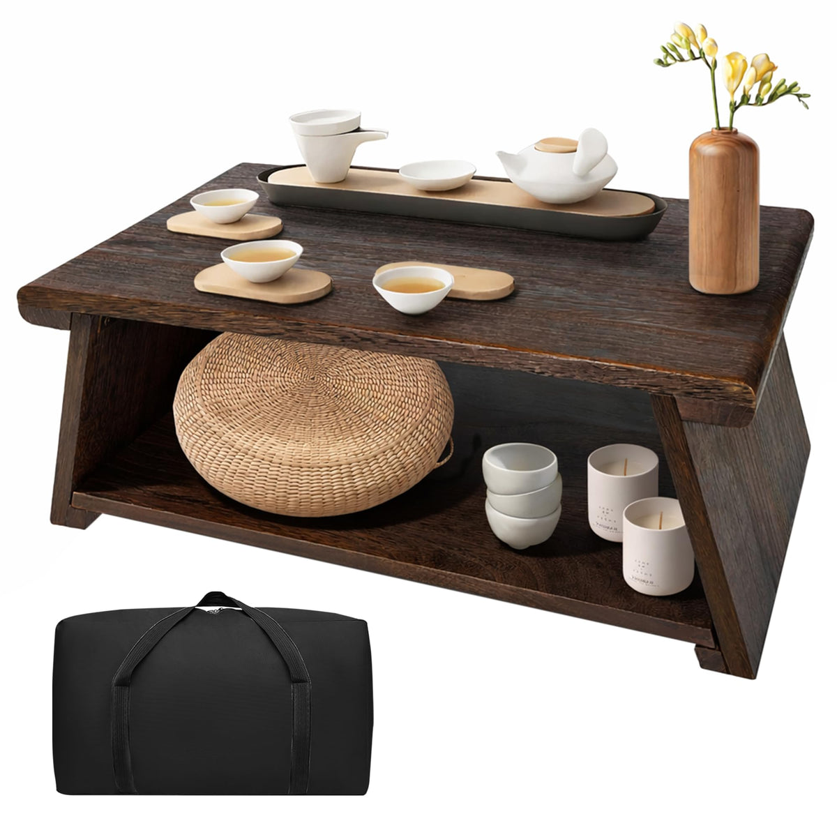 Japanese Low Floor Table Folding Coffee Tables (Walnut Color)
