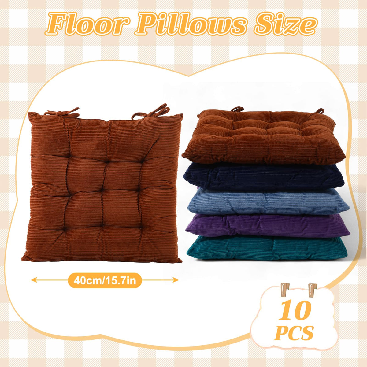 10 Pcs Corduroy Chair Cushion with Ties Square Floor (Multicolor)