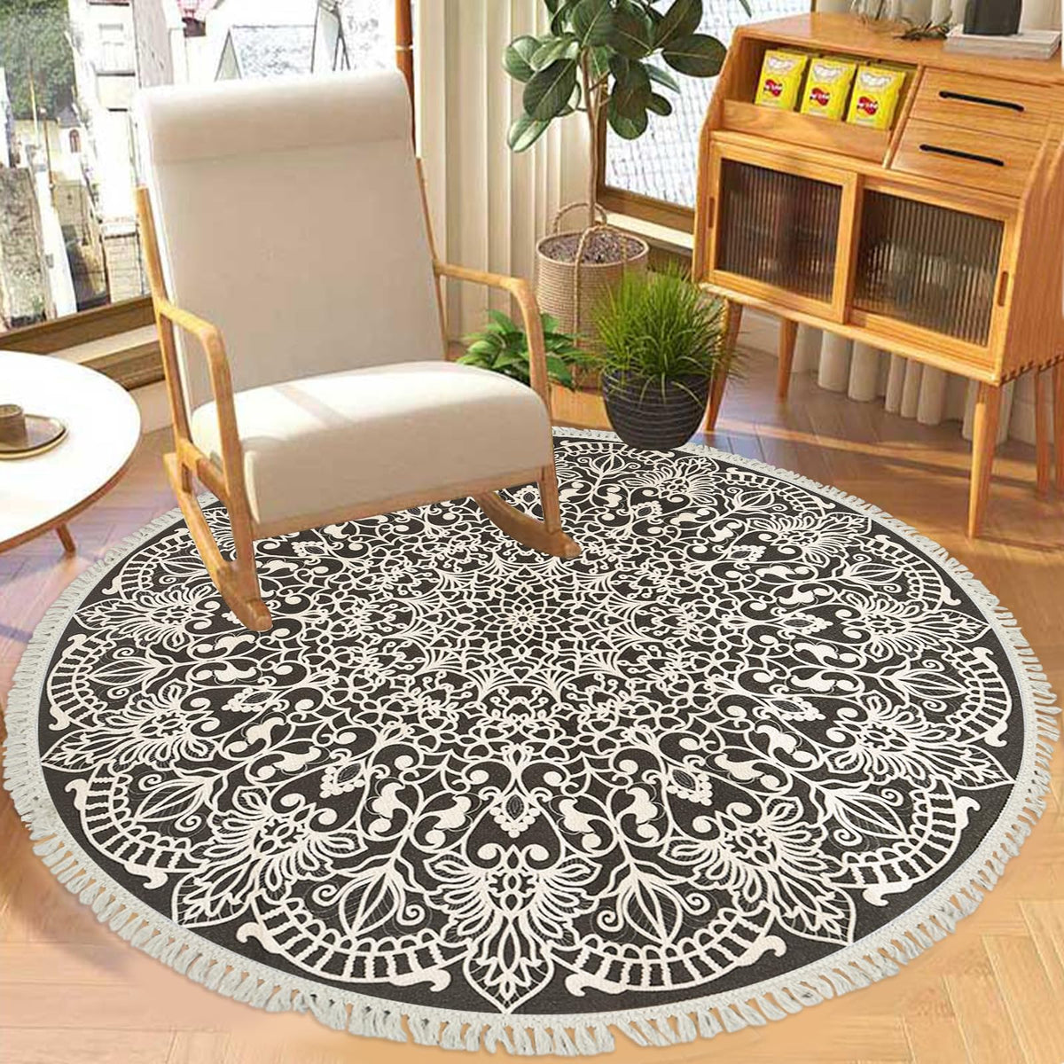 Round Boho Rug 4Ft for Farmhouse Bedroom Living Room (Boho Flower 4 / 4' (Round))