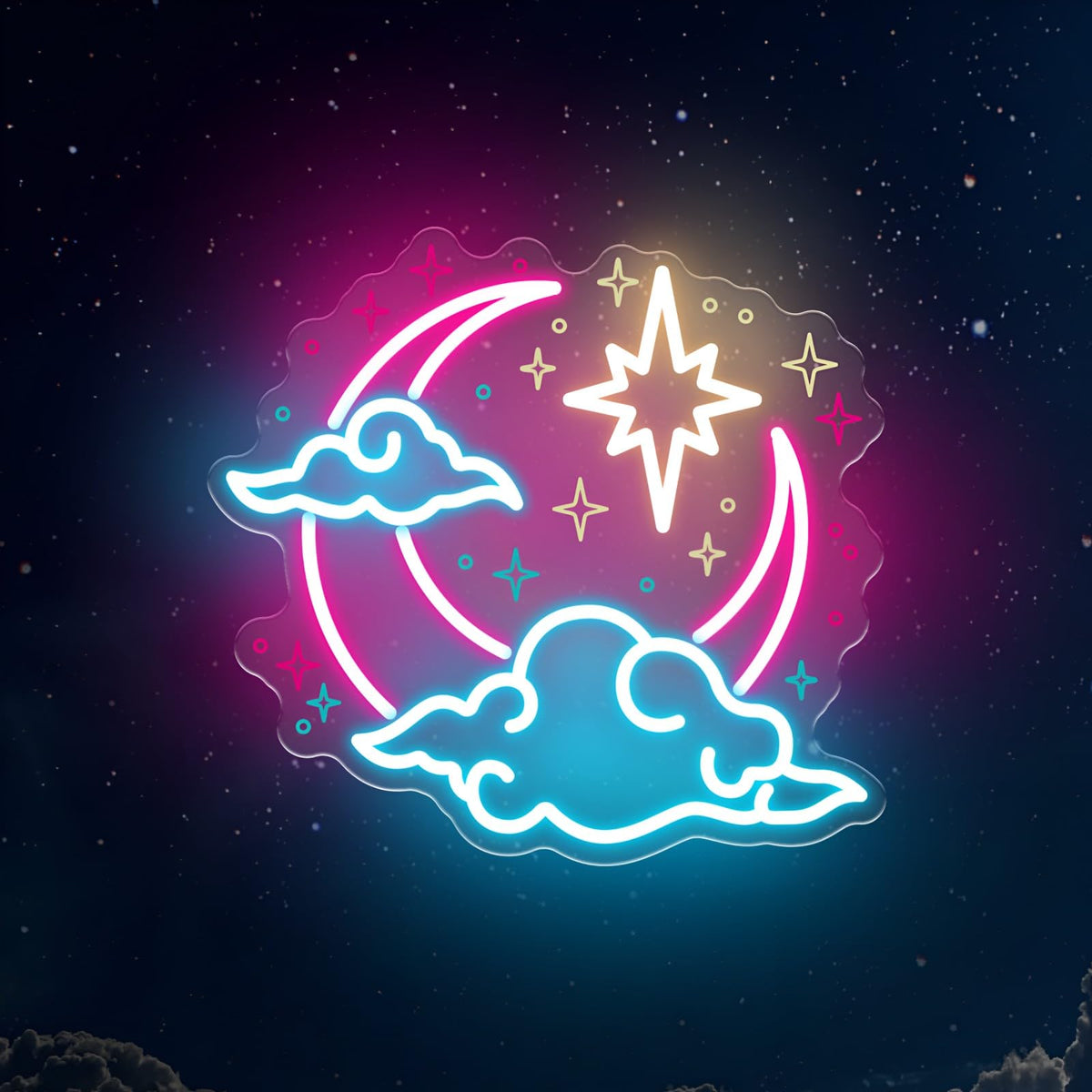 Crescent Moon Cloud Star Neon Sign for Bedroom Nursery (Moon Cloud Star)