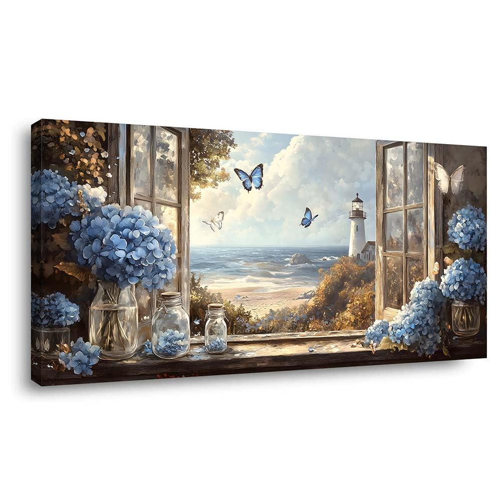 Coastal Open Window Butterflies Ocean View Canvas Wall Art Blue Hydrangea Print Rustic Lighthouse Beach Landscape Painting Gallery Wrapped Artwork for Living Room Bedroom Bathroom Decor (Mysterious / White Lighthouse Sea 5 / 40"L x 20"W)
