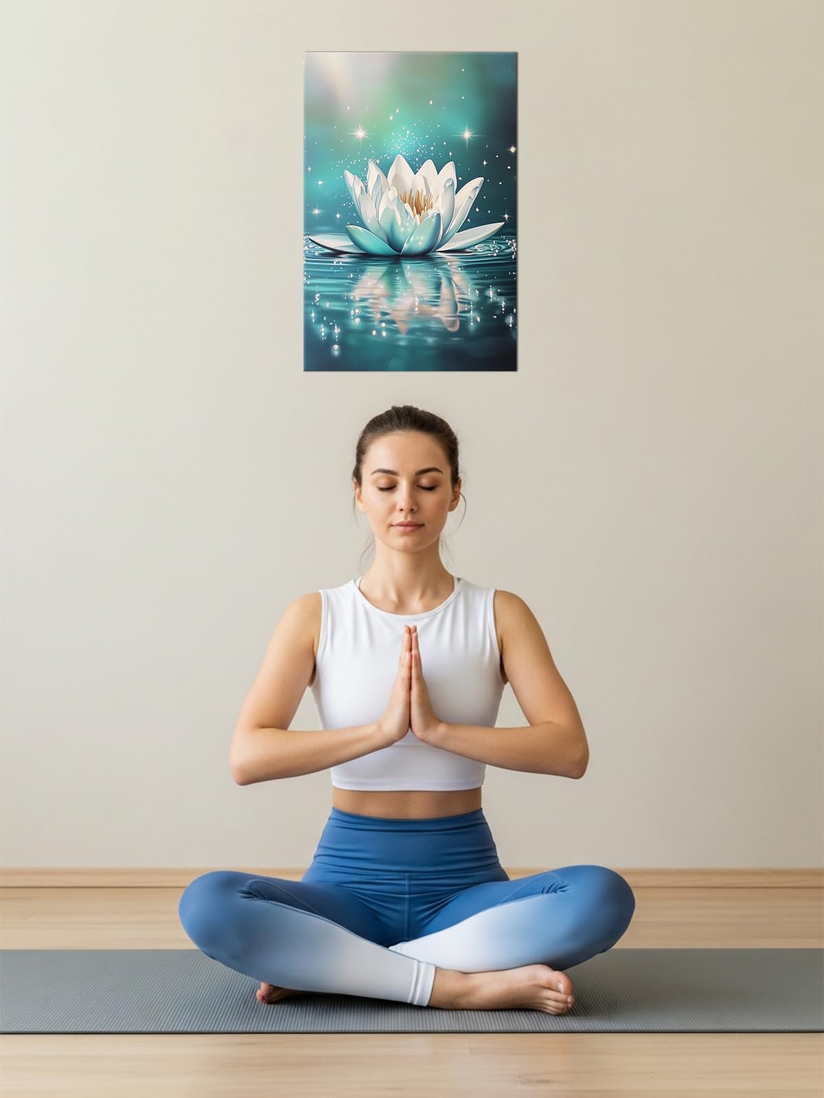 Lotus Flower Wall Art Zen Bathroom Decor Teal Picture Lotus Water Calm Canvas Prints Meditation Painting Modern Spiritual Poster for Yoga Spa Room Office Decor Framed (A-Teal / 24"L x 16"W)