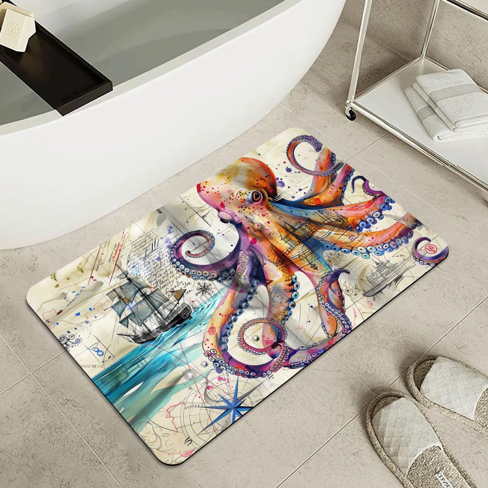 Bath Mat Bathroom Rug (A Colorful Octopus- / 1'4" x 2' (Rectangular))