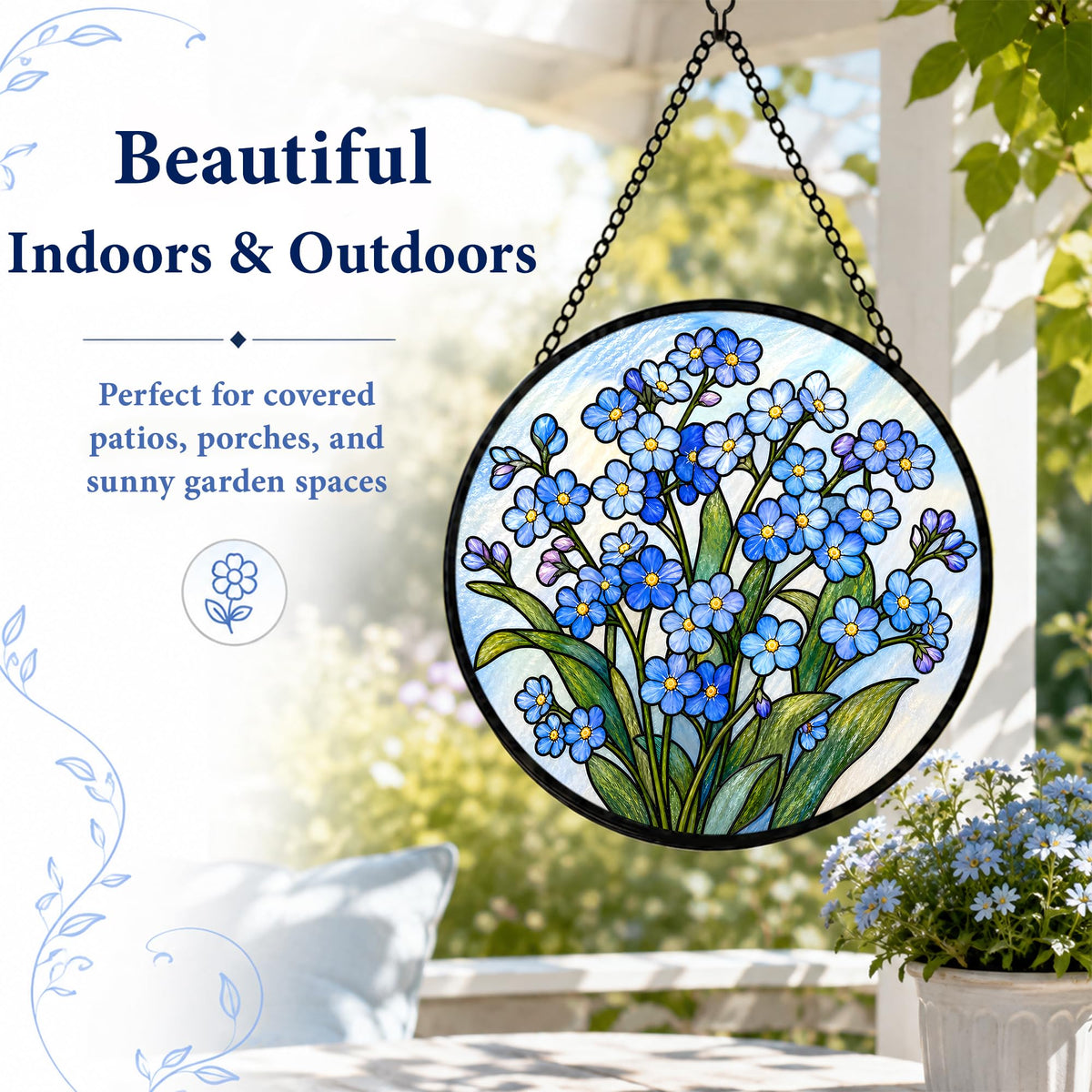 Forget Me Not Gifts for Women Suncatcher Stained Glass Window Hanging 9.8in (Forget Me Not / 9.8 x 9.8 IN)