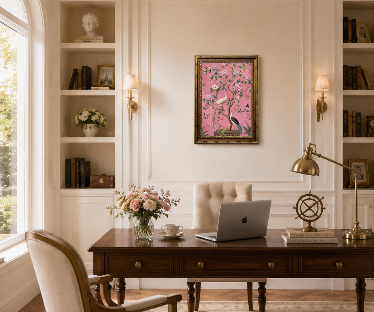 Vintage Gold Framed Chinoiserie Floral Bird Wall Art Vintage Botanical Peony Painting Print (BirdsPeacocks / 8"L x 10"W)
