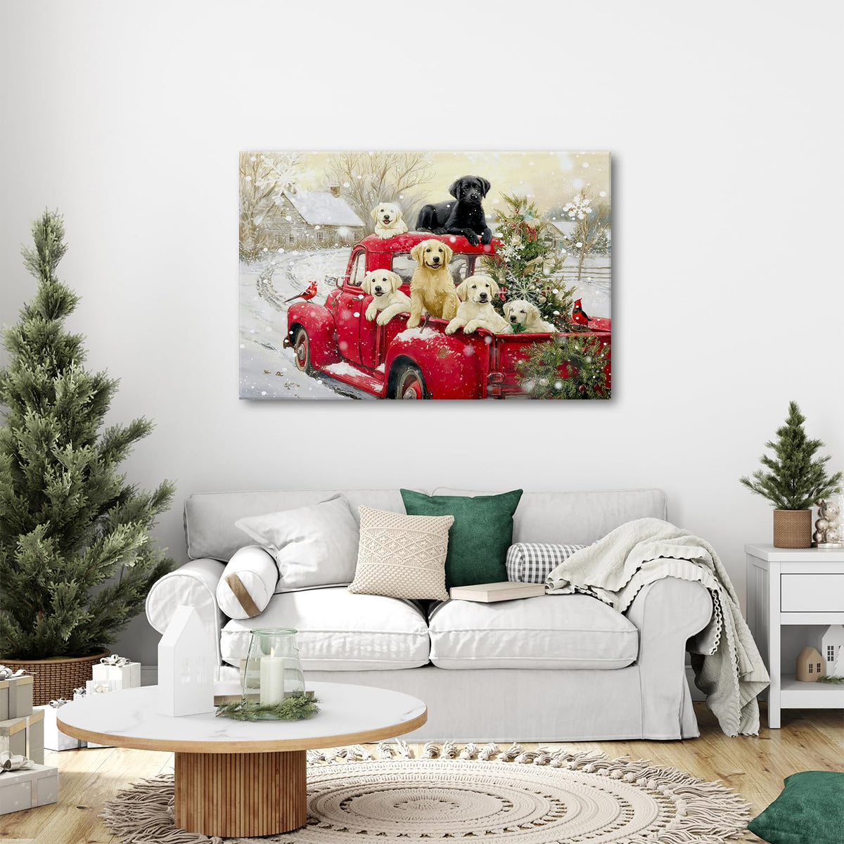 Vintage Christmas Wall Art Winter Farmhouse Scenic Wall Decor Red Truck Christmas Tree Canvas Prints Cute Puppy Pictures Snow Country Landscape Artwork for Bedroom Kitchen Home Decorations 32x48" (48"L x 32"W / Xmas Puppy)